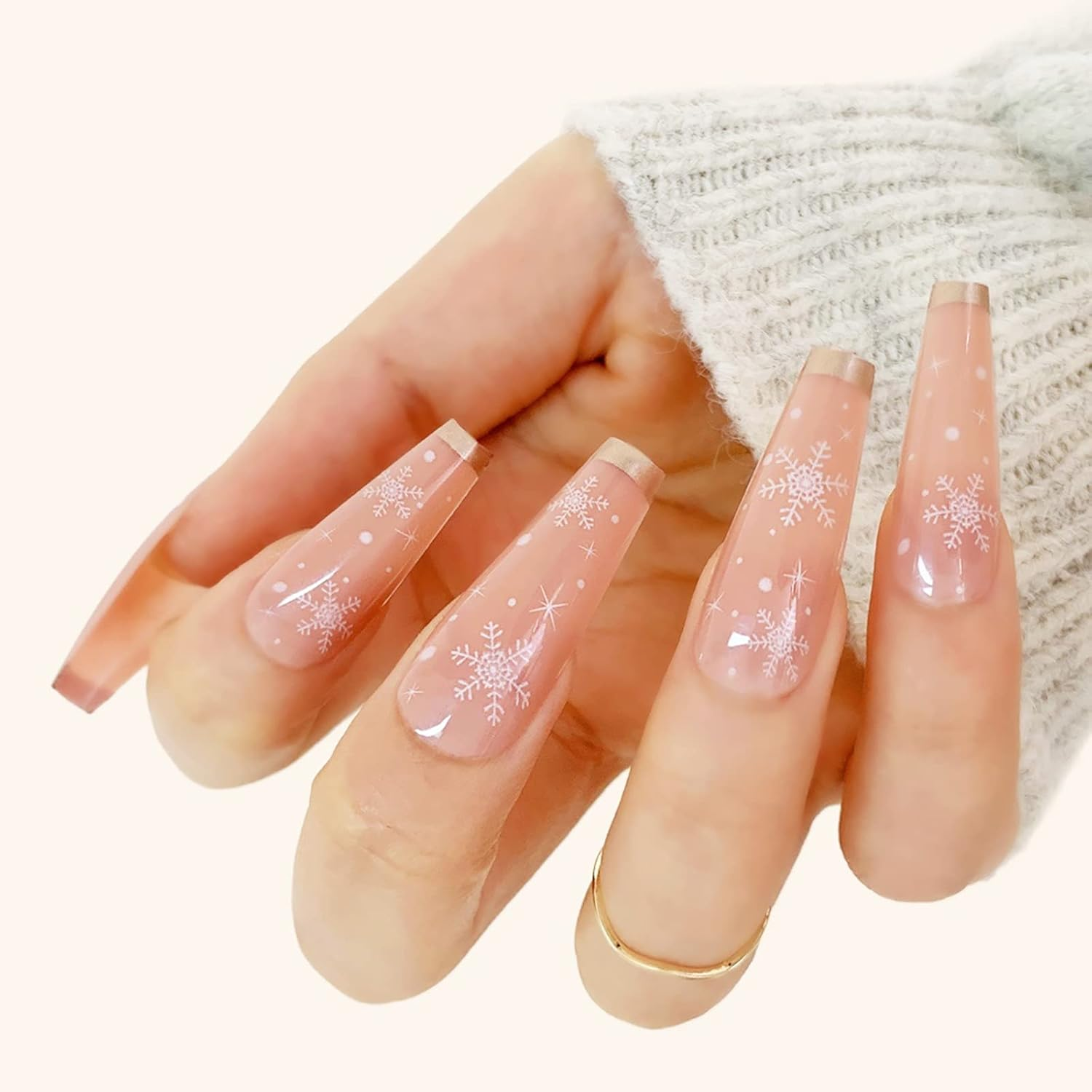 24 Pcs Press on Nails, Sunjasmine Fake Nails with Designs, Acrylic Nails False Nails with Nail Glue for Women (Long Snow) image number 3