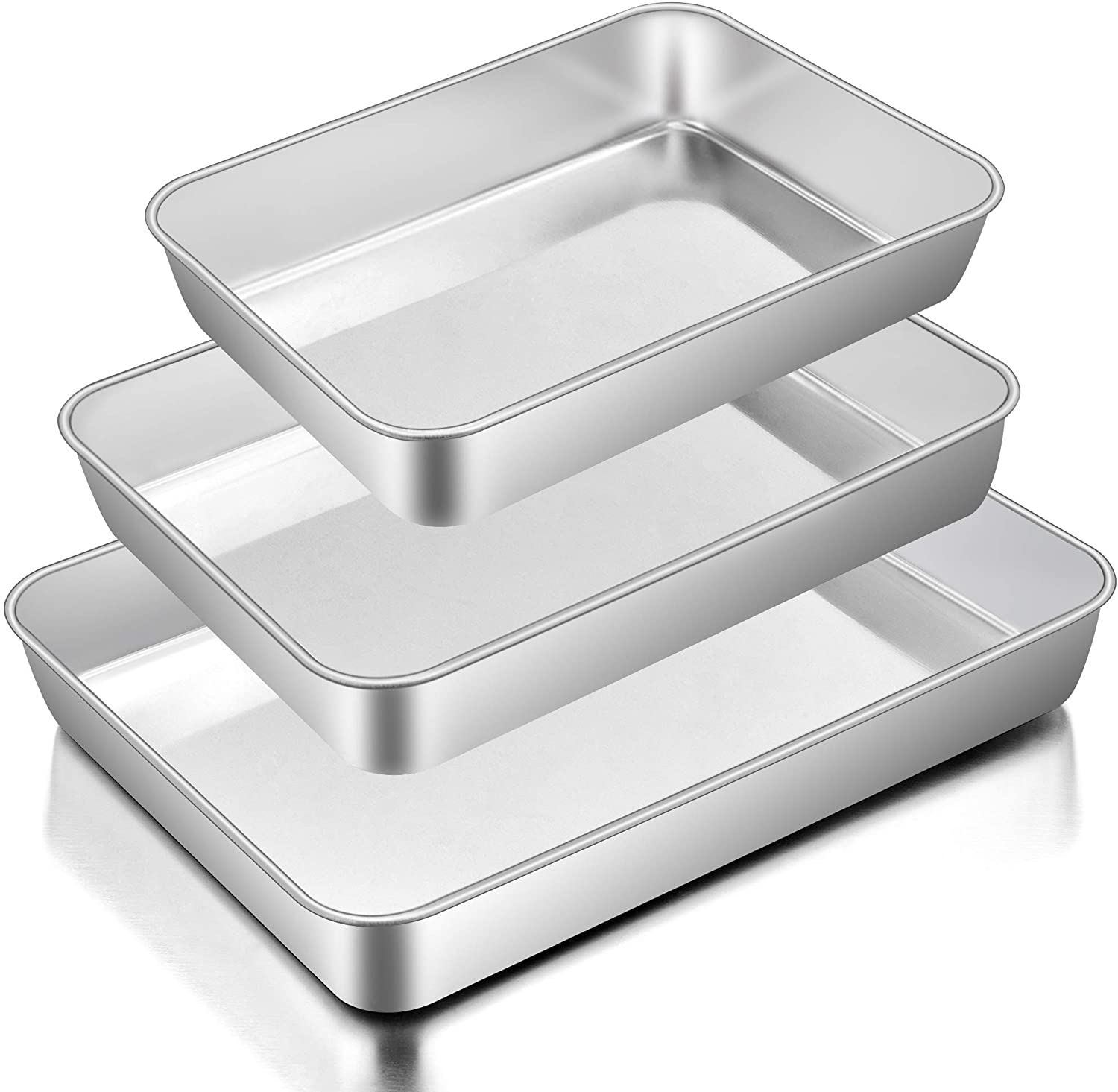E-Far Baking Pans Set of 3, Stainless Steel Sheet Cake Pan for Oven - 12.5/10.5/9.4Inch, Rectangle Bakeware Set for Cake Lasagna Brownie Casserole Cookie, Non-Toxic & Healthy, Dishwasher Safe image number 2