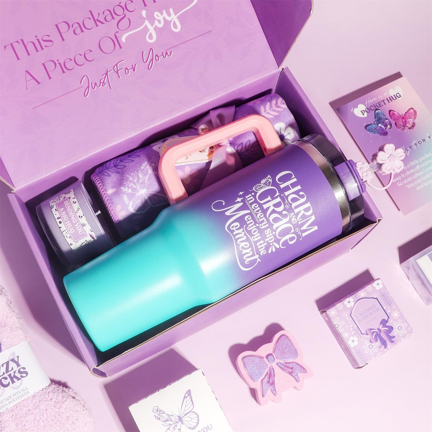 Birthday Gifts for Women - Purple Spa Gift Box Set with 40Oz Tumbler, Lavender Candle, Bath Accessories - Ideal for Mum, Best Friend, Girlfriend, Wife(Purple) - Pink image number 7