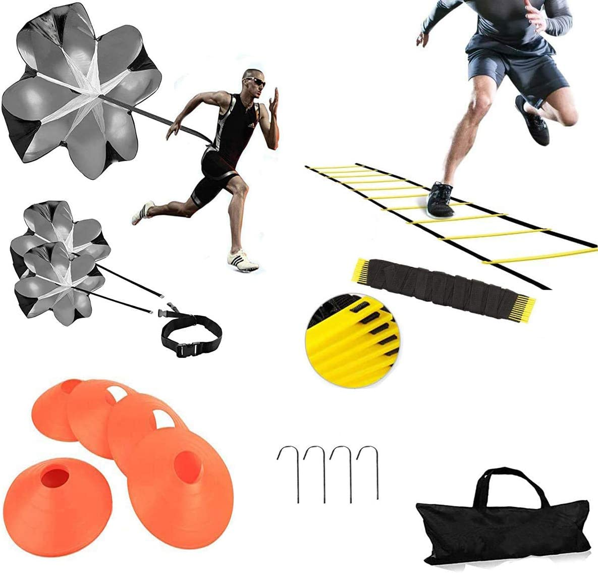 XINXIANG Speed Agility Training Kit-Includes Agility Ladder, 5 round Training Cones,Resistance Parachute, 4 Metal Stakes & Carrying Bag, Football Ladders for Faster Footwork and Better Movement Skills image number 2