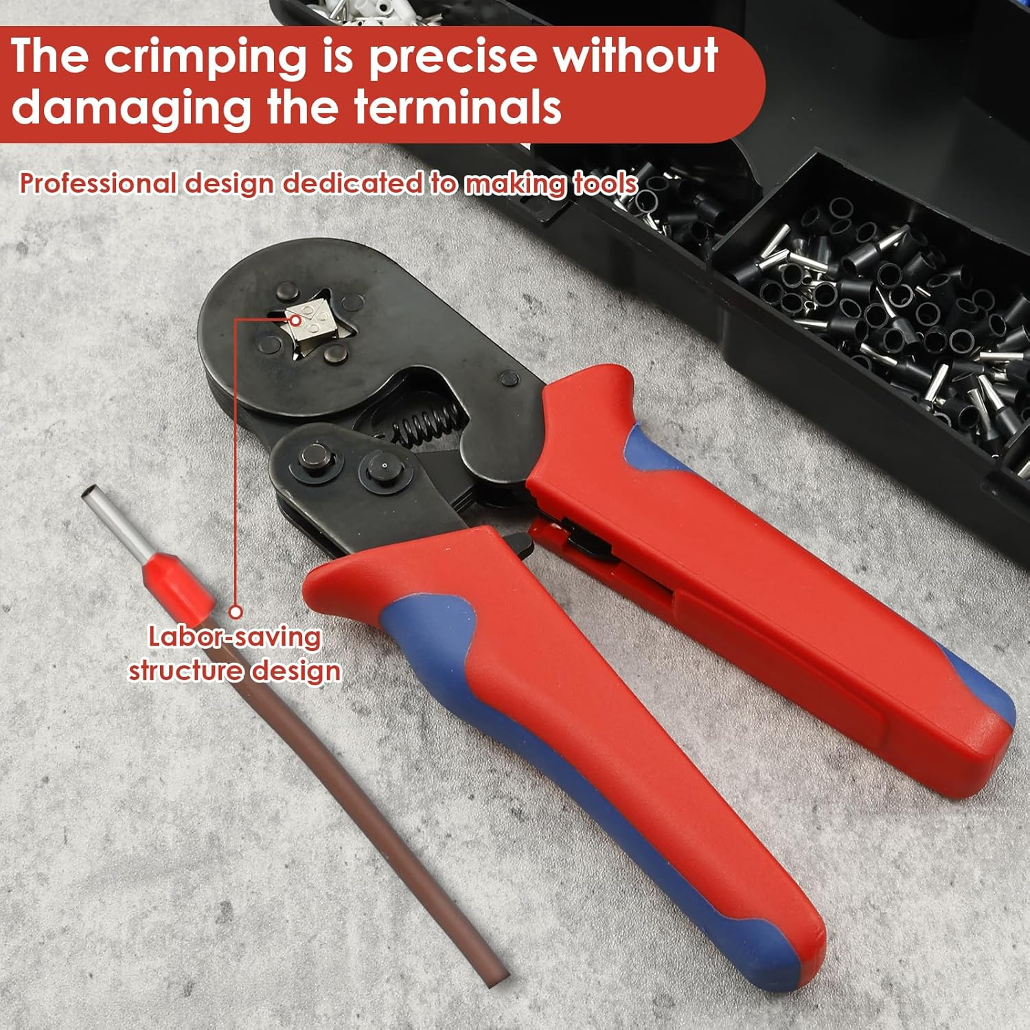 Ferrule Crimping Tool Kit AWG23-7 (0.25-10 Mm&sup2;) Hexagonal Ferrule Crimping Pliers Self-Adjustable Crimper Plier Set with 1200PCS Terminal Connector Sleeves (1) image number 3