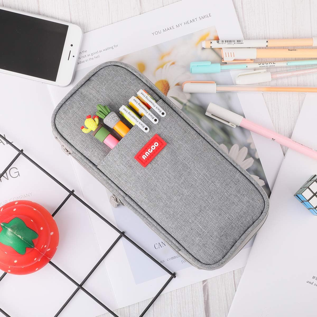 Isuperb Pencil Case Large Capacity Student Canvas Pencil Case Storage Bag Double Zipper Pencil Box for School, Light Grey, Modern image number 5