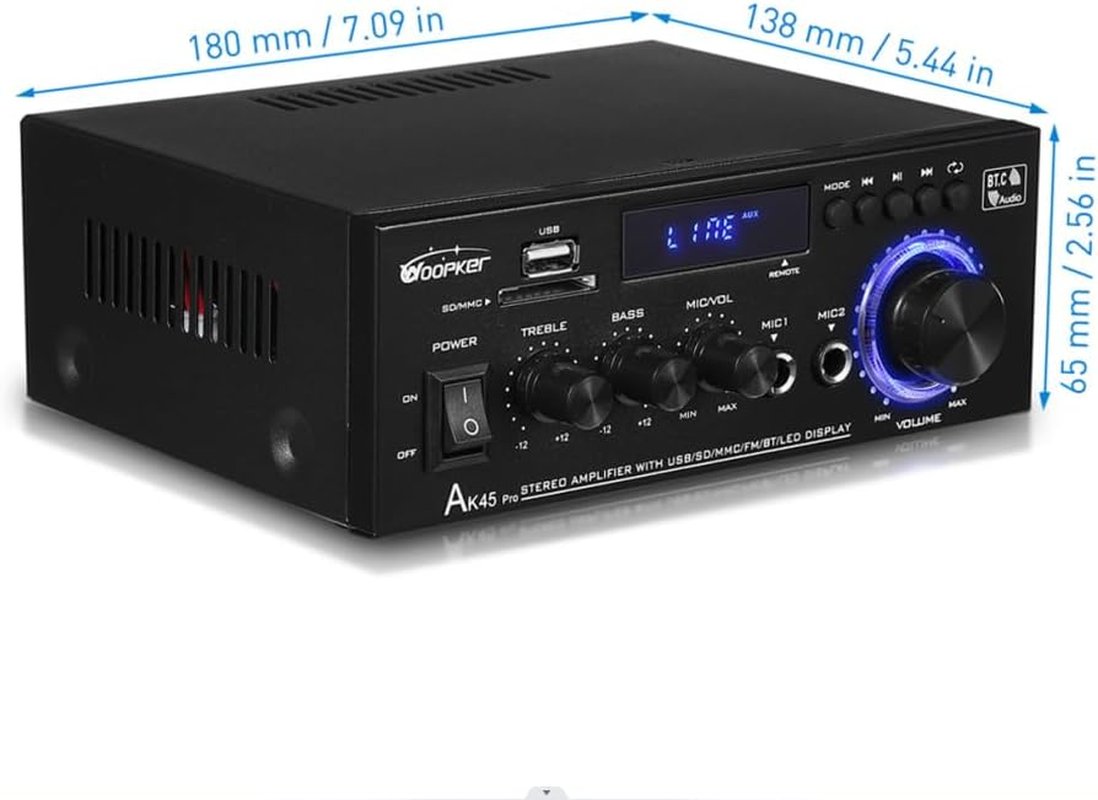 AK45 PRO Stereo Audio Amplifier, 425W Home 2 Channel Wireless Bluetooth 5.0 Power Amplifier System, Home Amplifiers FM Radio, USB, SD Card, with Remote Control Home Theater Audio Stereo System image number 2