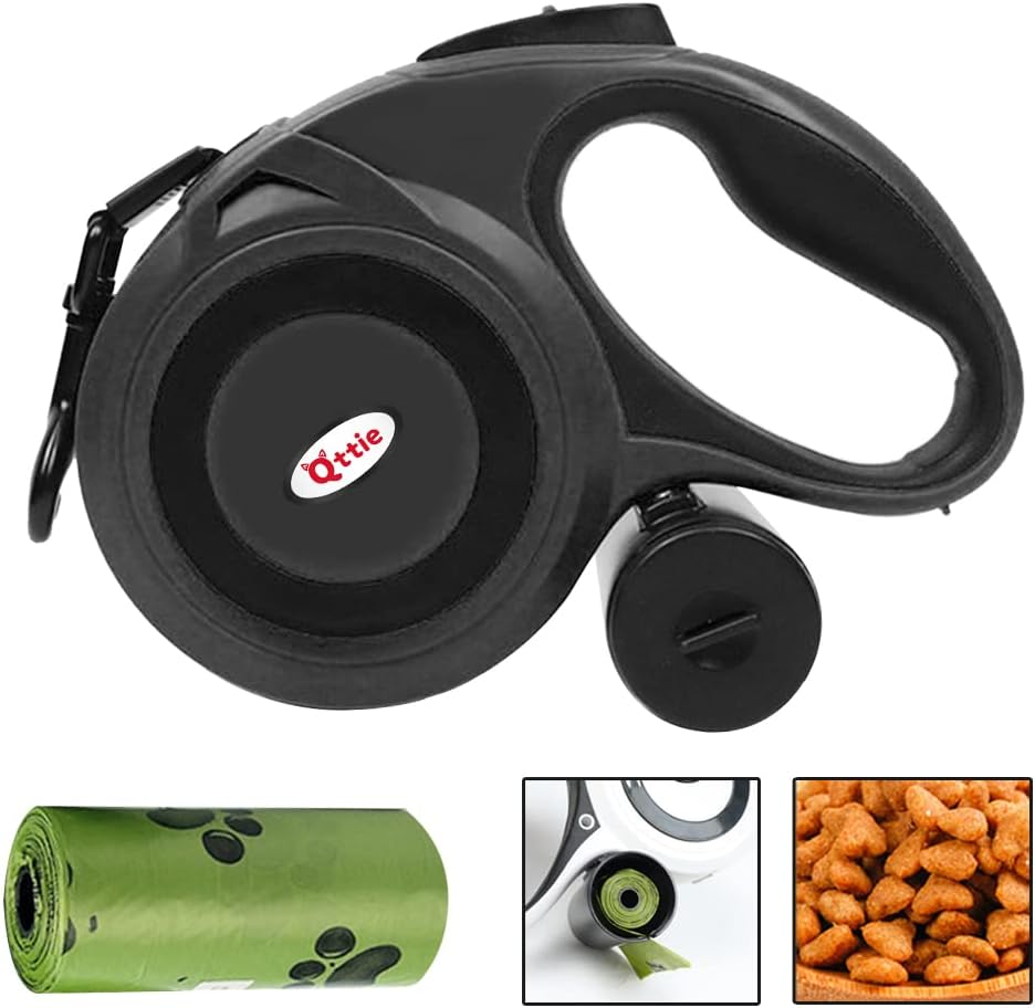 Retractable Dog Leash Lead with Dispenser and Poop Bags, Pet Walking Leash for Large Dog or Cat, Anti-Slip Soft Handle, Tangle Free, Reflective Nylon Tape(Black, 5 Meters, Max Load 50KG)