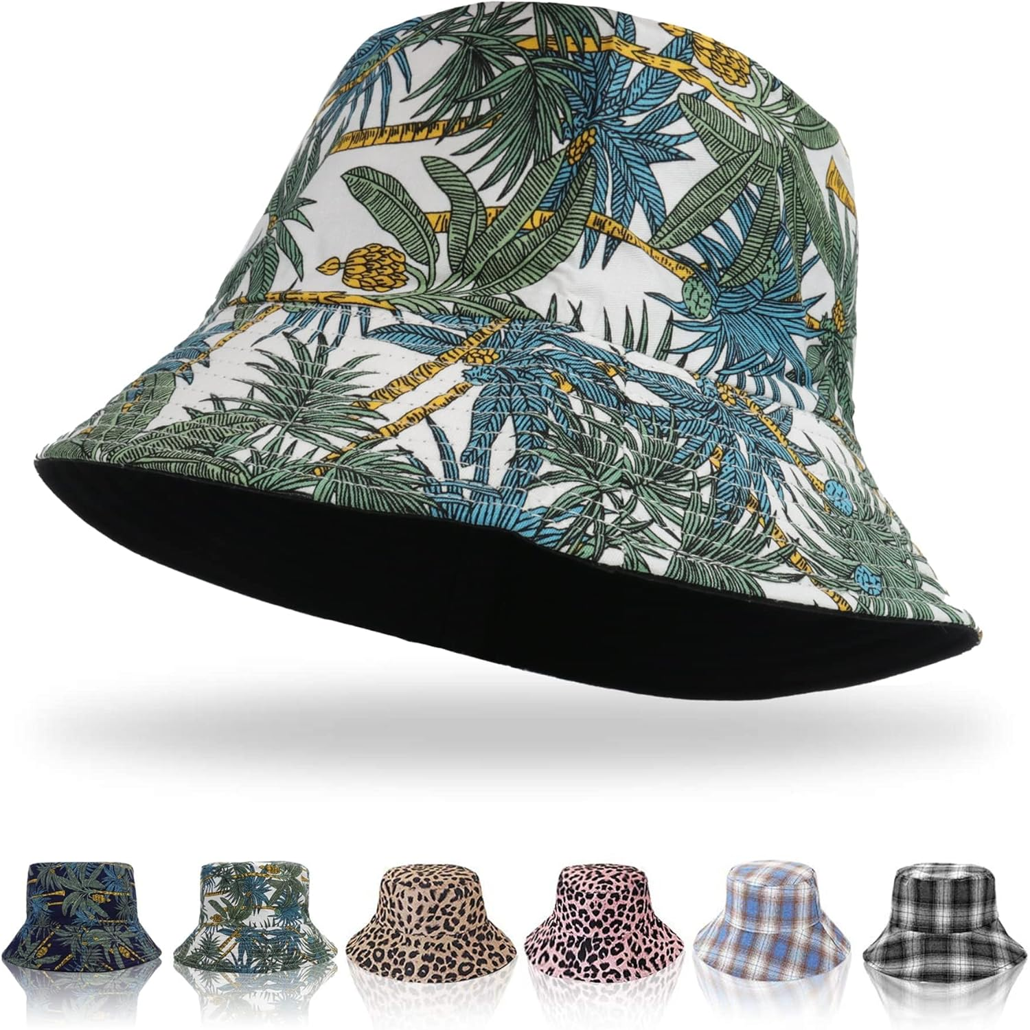 Hebenie Reversible Bucket Hat for Women &ndash; Summer Outdoor Sun Hat with Colorblock Print & Solid Side, Lightweight UV Protection Travel Beach Hat