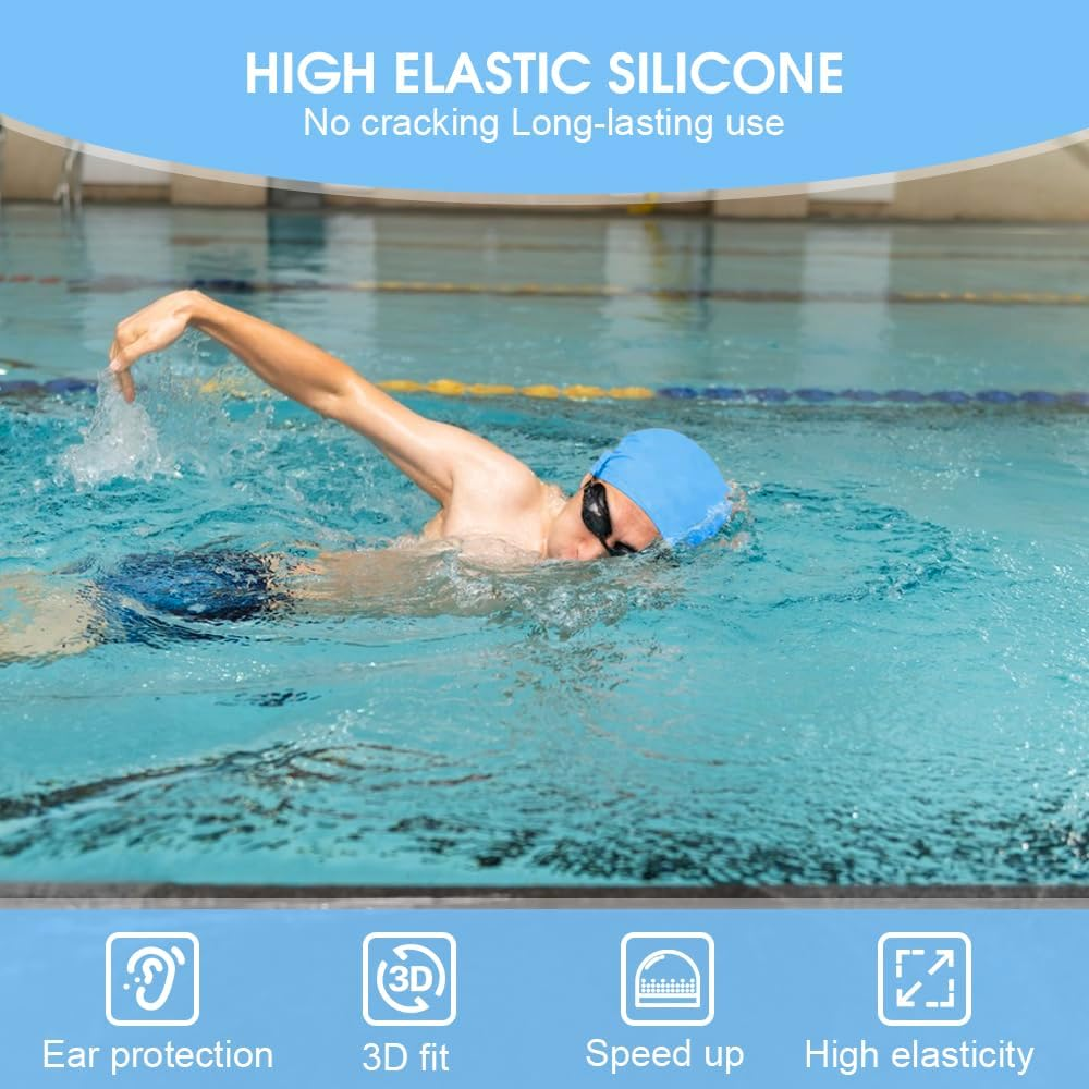 Chamgeco 3PCS Silicone Swim Cap, Unisex Adult Waterproof Bathing Pool Swimming Hat, Stretchable Durable Non-Slip Swimming Pool Cap Shower Caps, Elastic Swimming Cap - 3Pcs (Black+Dark Blue+Light Blue) image number 6