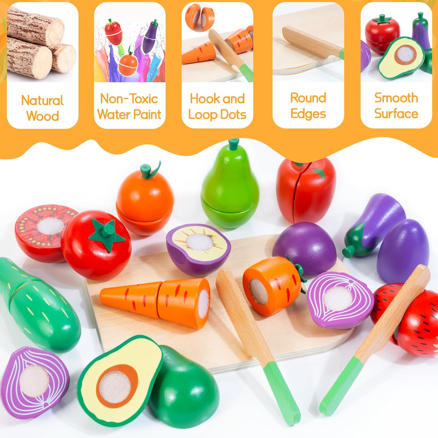 Wooden Play Food for Toddlers, Color Food Groups, Fruit & Veggies Cutting Set, Pretend Play Food Kitchen Accessories for 3 4 5 6 7 Years Old Boys & Girls