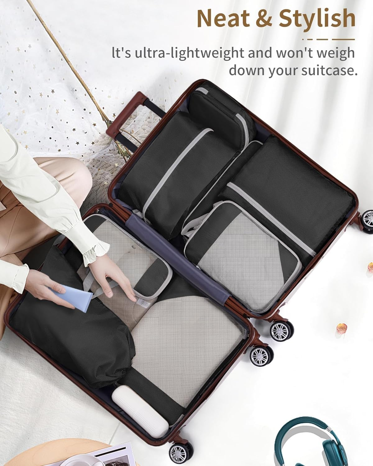 Compression Packing Cubes for Carry on Suitcases, 10 Set Compressible Packing Cubes for Travel Essentials, Collapsible Expandable Storage Organizer Bags for Luggage Backpack, Black - Grey image number 7