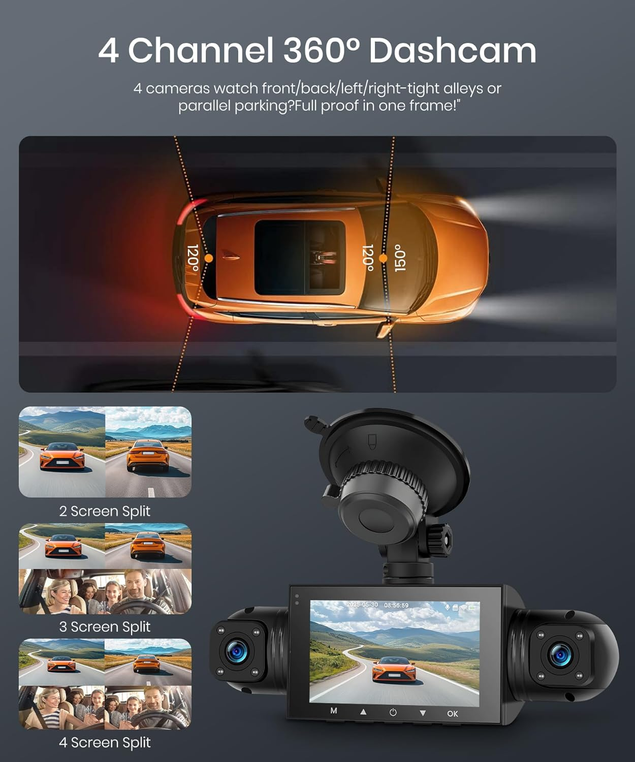 Wifi Dash Cam 4 Channel 360&deg; Car Recorder Front and Rear inside Side, 3 Inch 1080P DVR Camera with 480 Rear Pull + G-Sensor, Rearview, Night Visio, Loop Record, 24H Parking Watch image number 3
