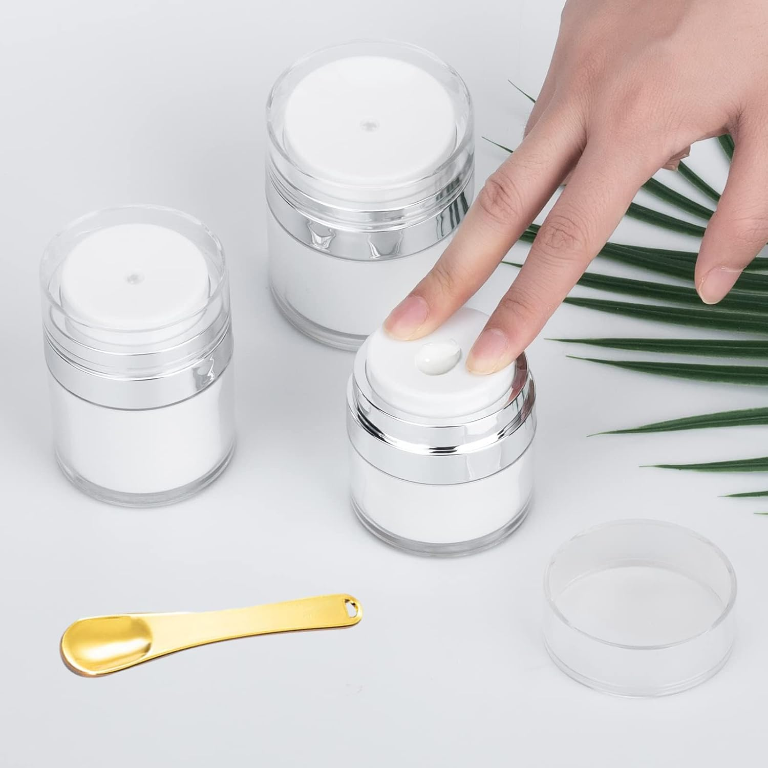 Heatunk 3PCS Airless Pump Bottle Set - Refillable Cream Jars with Leak-Proof Vacuum Technology - Portable Travel Cosmetic Moisturizer Containers with Cream Scoop - 15ML, 30ML, 50ML Sizes image number 3