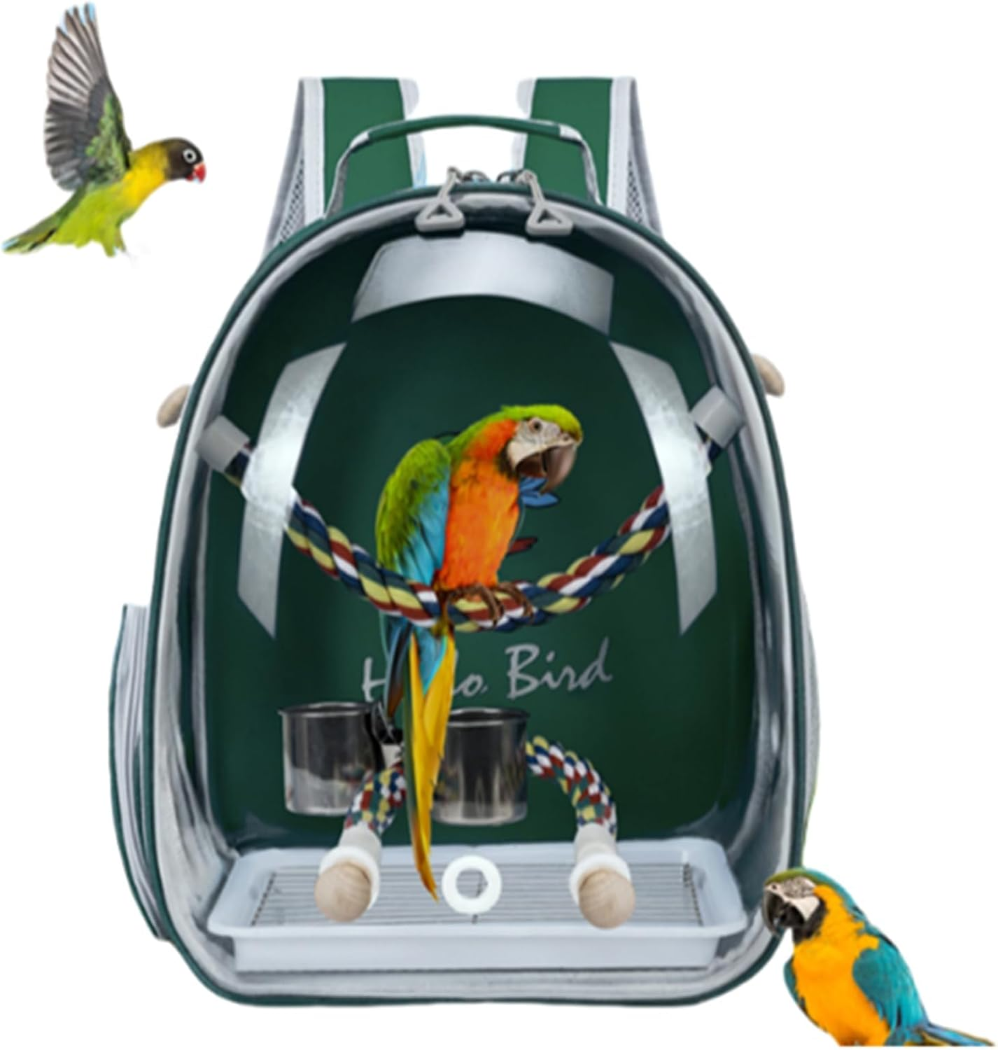 Bird Traval Carrier Cage, Multi Vent Holes Clear Space Capsule Astronaut Backpack to Carry Parakeet Cockatiel Parrot with Metal Tray Wood Perch, Vet Transport Book Bag (Green) image number 1