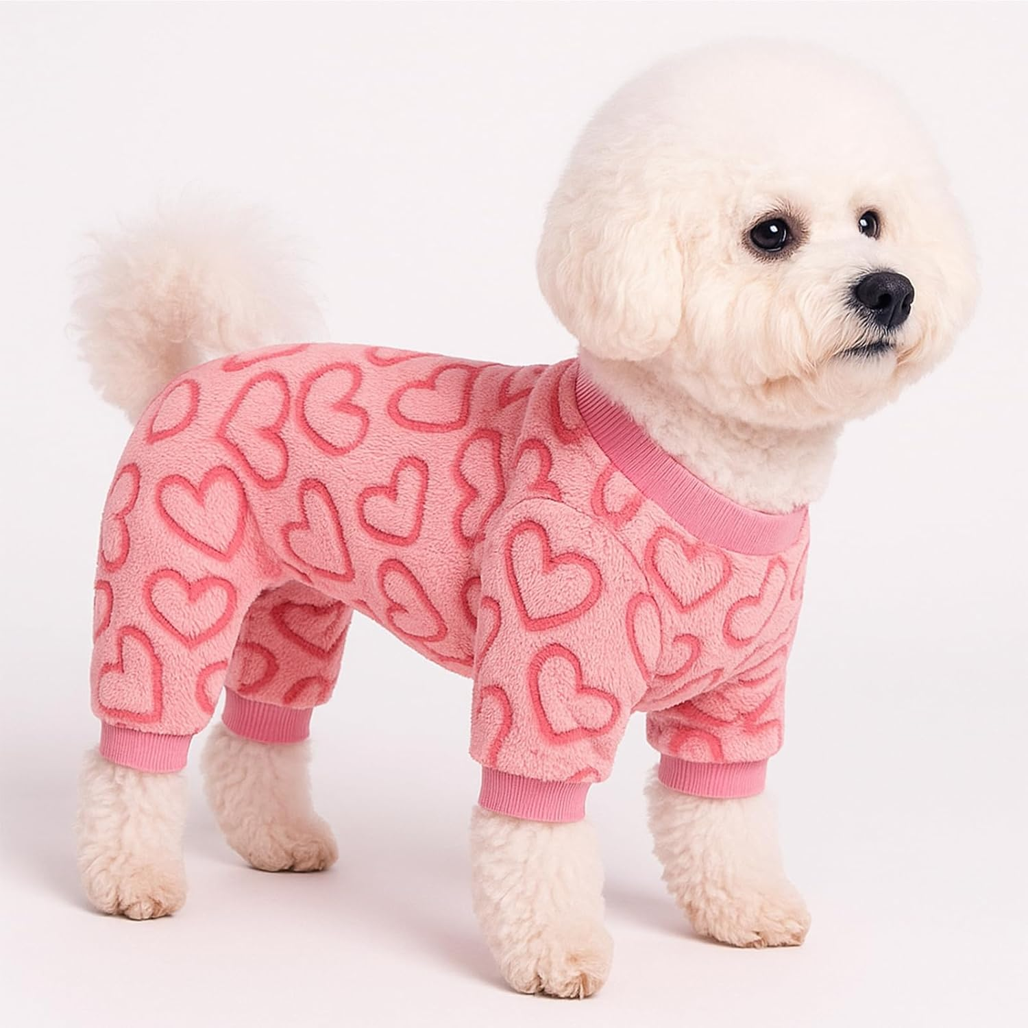 Yoolhamy Dog Pajamas for Small Dogs Cats Fleece Sweater Heart Onesie Clothes Soft Pink Pajamas Romper Four Legged Dog Sleepwear for Puppy Chihuahua Yorkie (Pink Heart, XXL image number 2