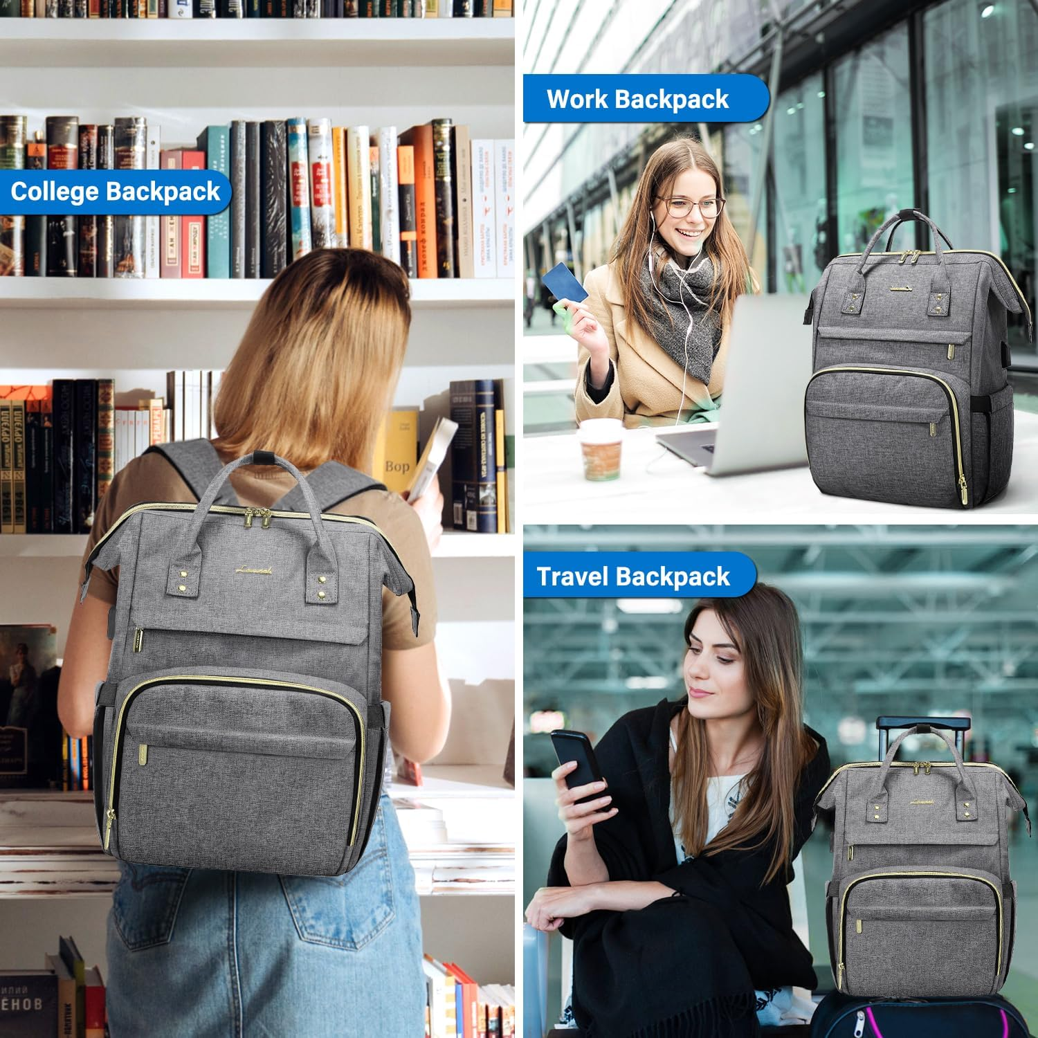 LOVEVOOK Laptop Backpack,15.6 Inch Professional Womens Purse Computer Bag Nurse Teacher Backpack,Waterproof College Work Bags Carry on Travel Back Pack with USB Port,Black - Dark Grey image number 6