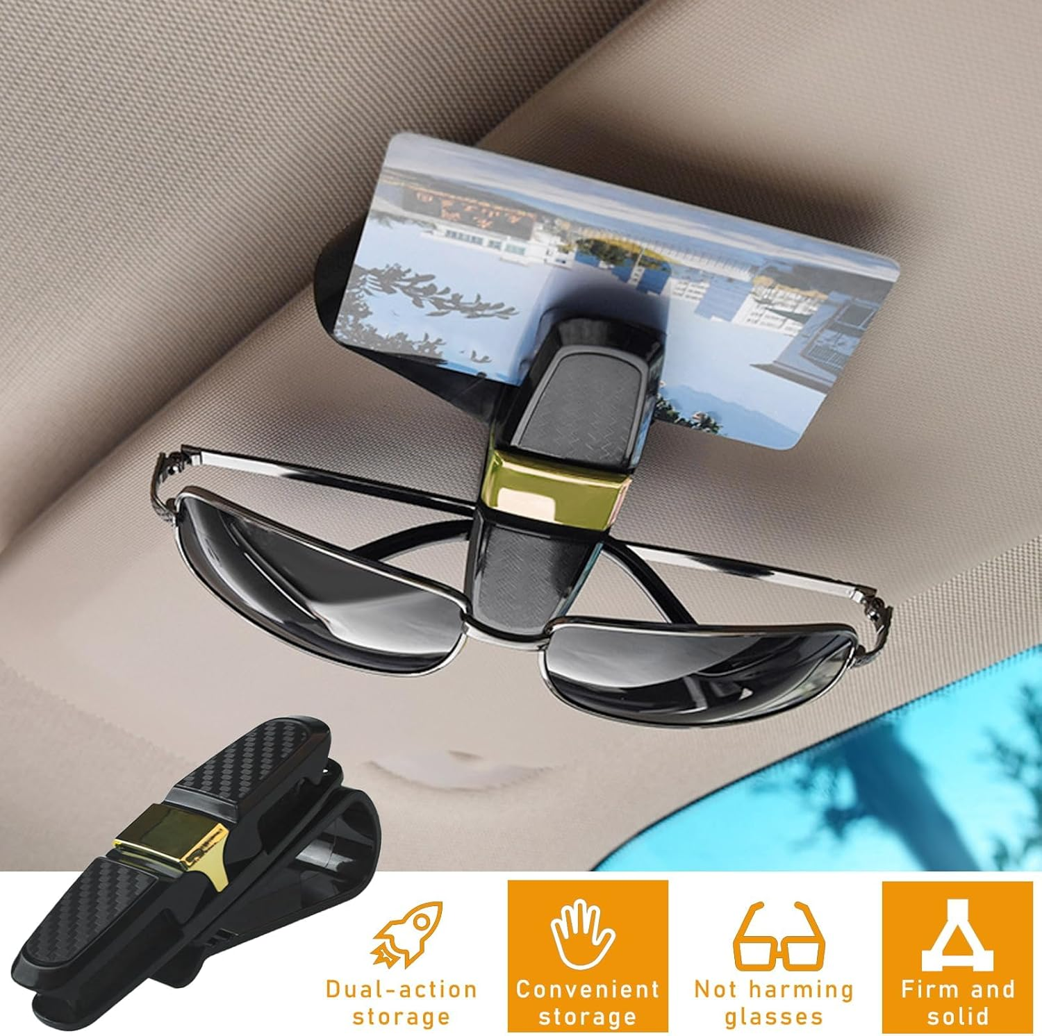 2PCS Sunglasses Holder for Car Sun Visor, 180 Degree Rotatable Eyeglasses Mount with Ticket Card Clip, Double-Ends Car Sunglass Holder (Gold) - Gray image number 7