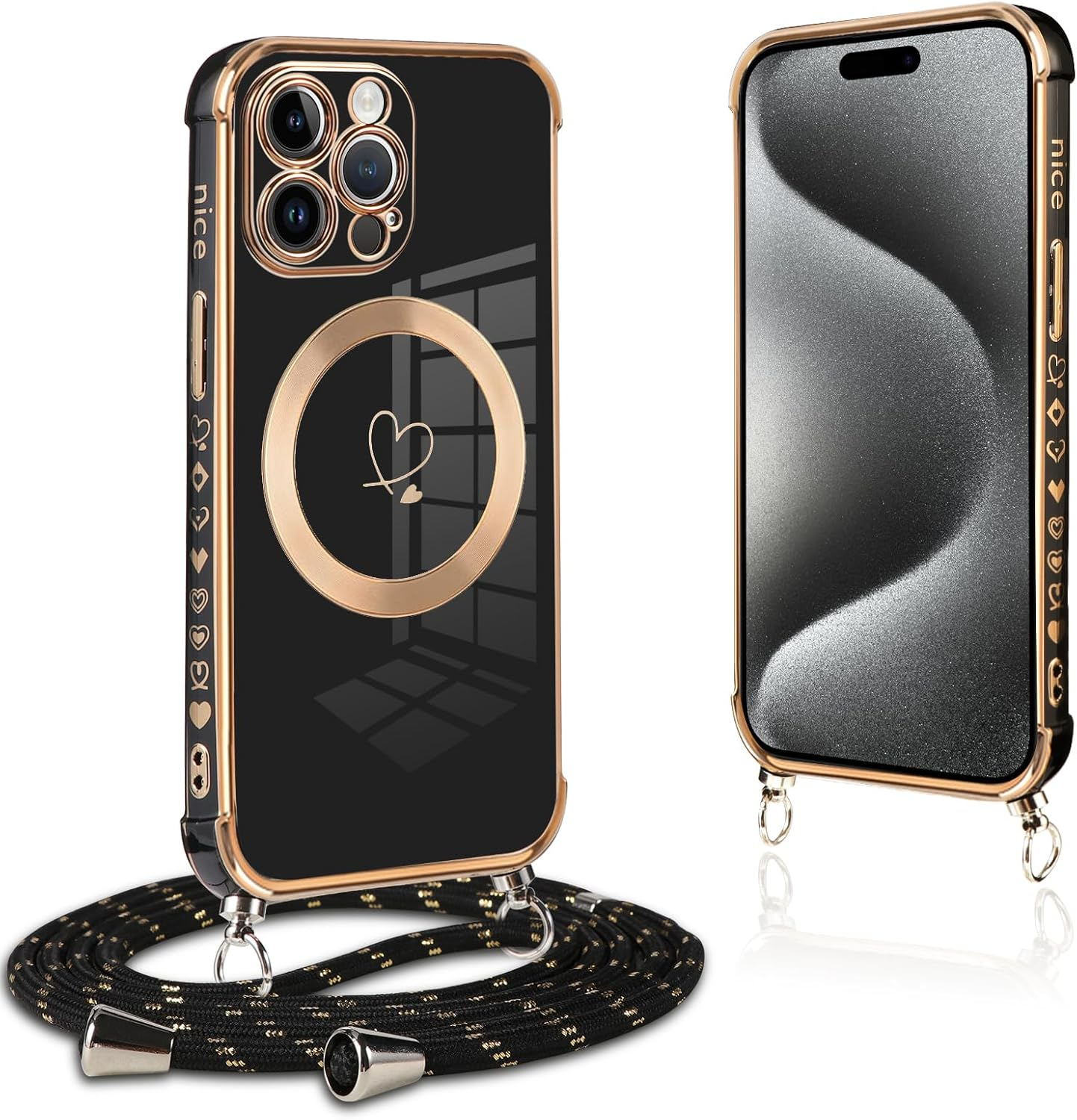 Pnakqil Mobile Phone Chain for Iphone 13 Pro Max Case with Strap, Compatible with Magsafe, Mobile Phone Case Ultra Thin Silicone Magnetic with Heart Love Pattern Protective Case with Cord for Iphone 13Pro Max 6.7 Inches, Pink