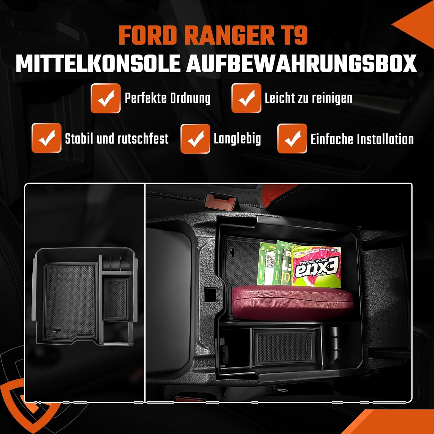 Centre Console Storage Box Compatible with Ford Ranger T9 2023 2024 Raptor Wildtrak XLT Armrest Organiser Tray Glove Box Ranger 2023 Accessories (Electronic Brake)