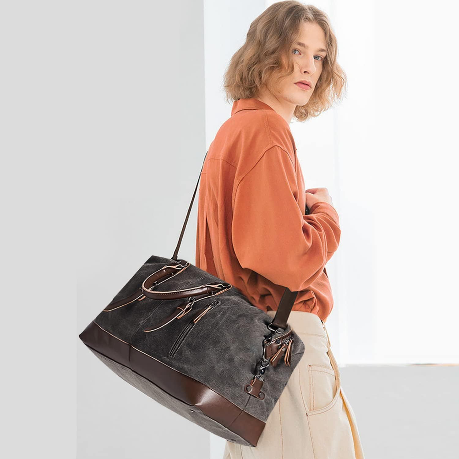 42L Large Genuine Leather Canvas Duffel Bag for Travel, Travel Tote Duffel Shoulder Weekend Bag Unisex Weekender Overnight Handbag Shoulder Bag, Black image number 1