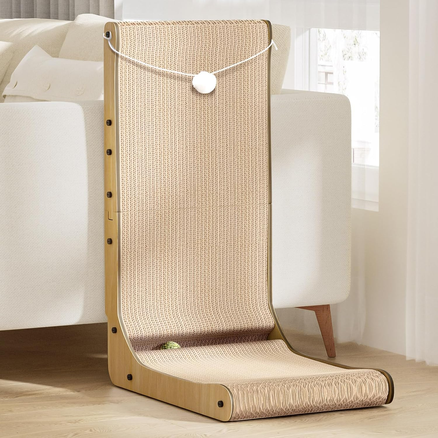 Gimars L Shape 68Cm Cat Scratcher, Cat Scratching Board with Plush & Catnip Balls, Large Size Cat Cardboard Scratcher Wall Mounted for Indoor, Cat Toys for Protecting Furniture (Wood) image number 4