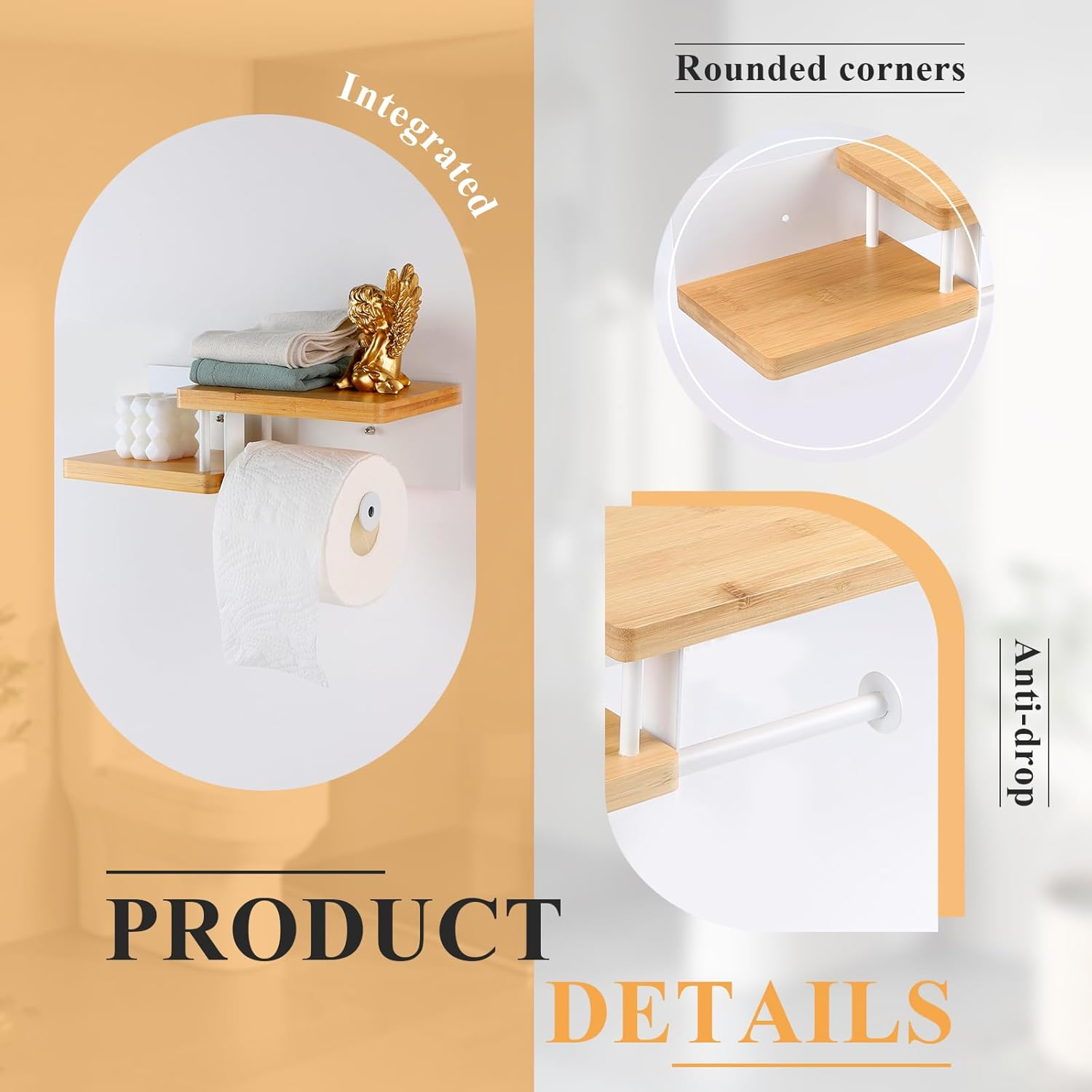 EFUTURETIME Toilet Paper Holder Wall Self-Adhesive with Shelf Bamboo 31.5 X 12.5 X 8.5 Cm Toilet Paper Holder Glue or Drilling Toilet Roll Holder Wood for Bathroom Kitchen Toilets White image number 6