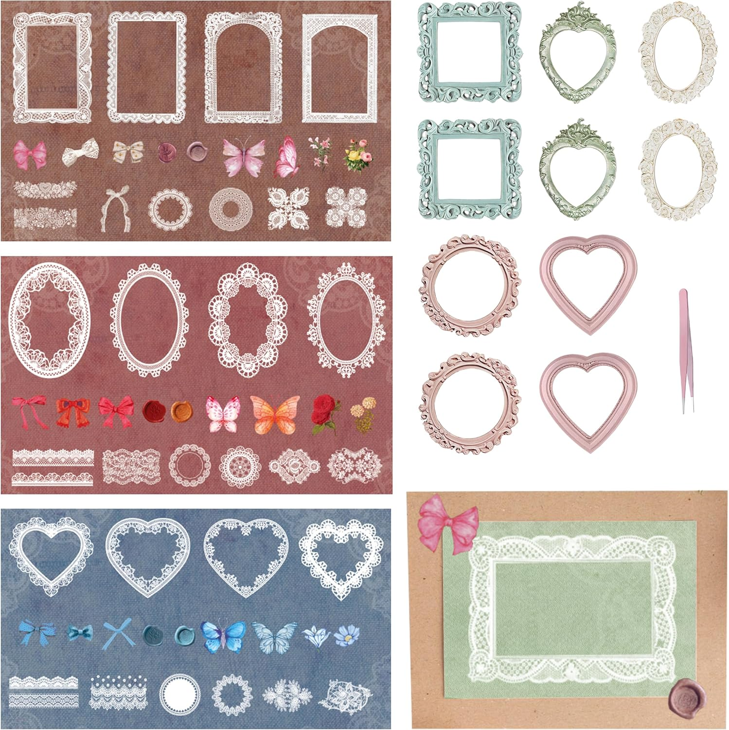 JIEYUMAO Scrapbooking Lace Frames, 70Pcs Vintage Cutout Lace Scrapbook Paper, Scrapbook Paper Lace Cutouts with Tweezers, Multicolor Window Frame Decorative Paper for DIY Crafts Making image number 5