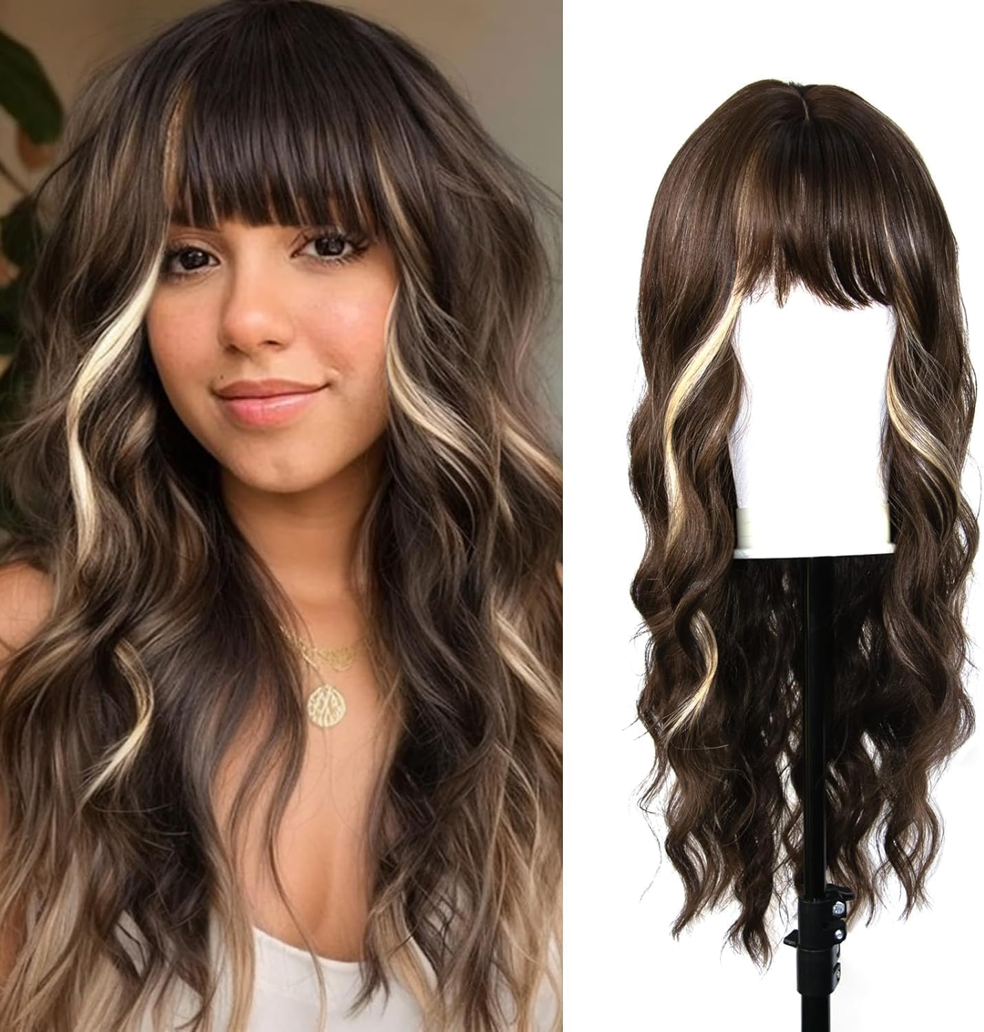 Bangs Wig, Long Synthetic Wig, Wave Wig, Adjustable Bangs Length, Role-Playing Wig, Natural Curly Hair Wig (Brown, 24 Inch)