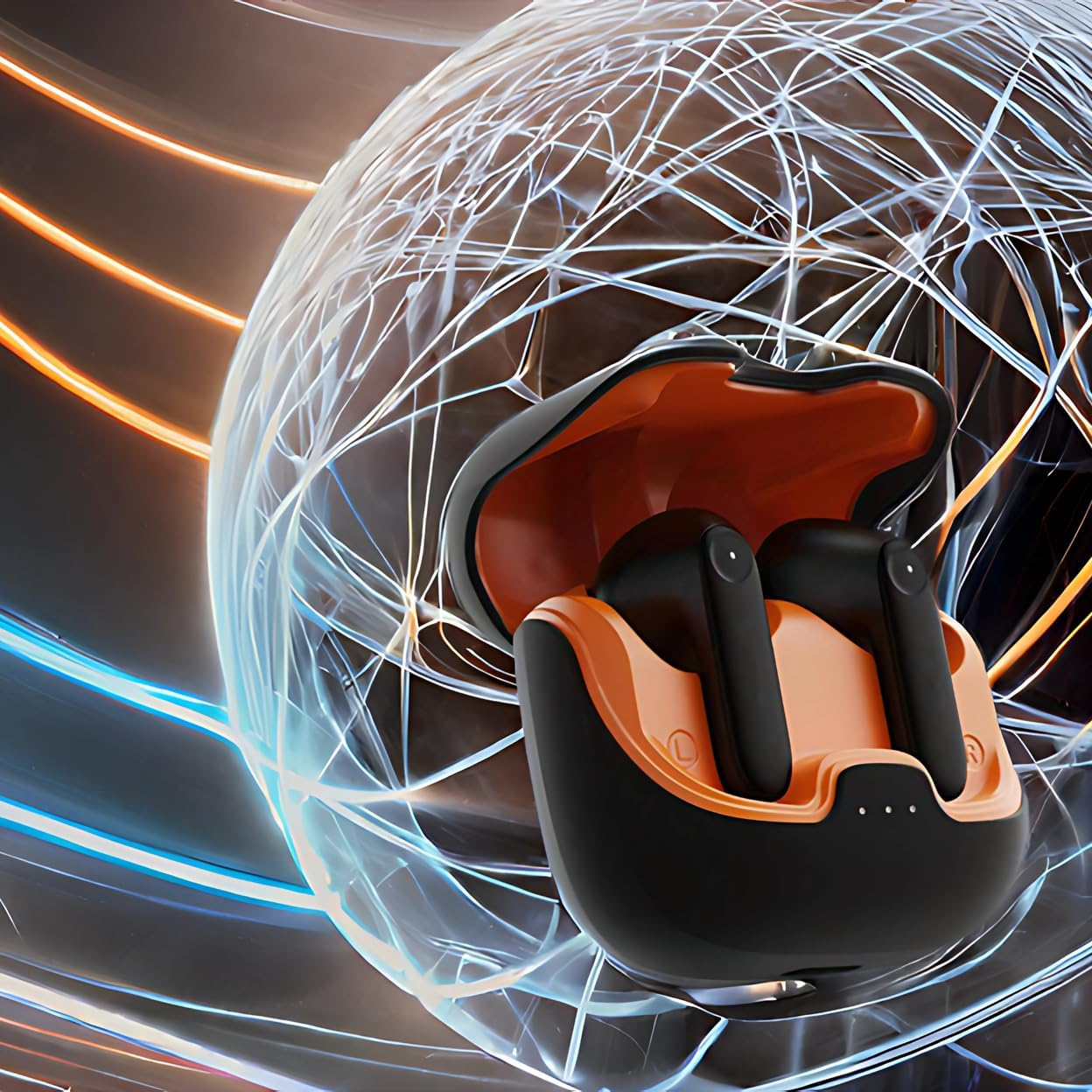 Bluetooth Earbuds with Active Noise Cancelling, Bluetooth 5.4, Lightweight, Wireless Charging Case, Built-In Microphone, Premium Sound for Ios Android (Black Orange) image number 4