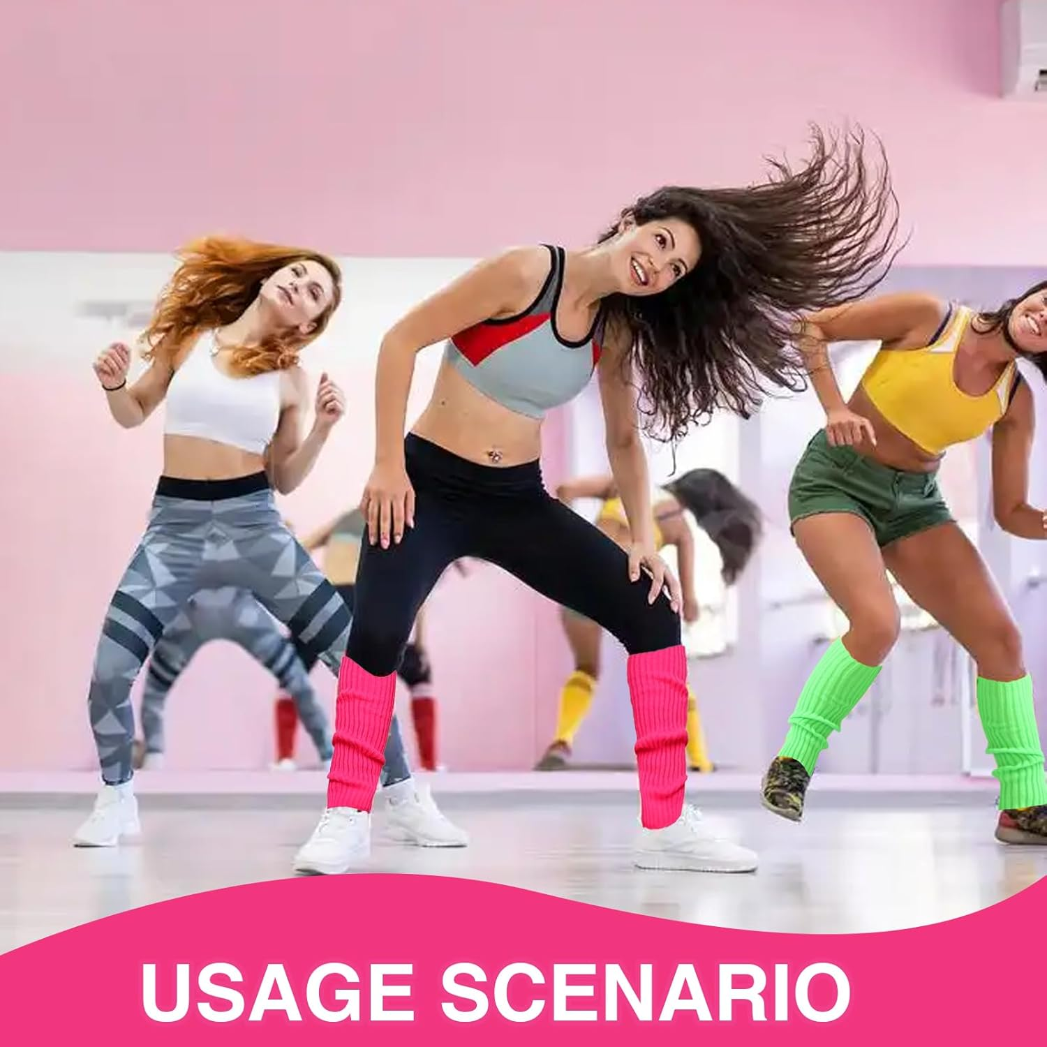 COWANIEE 2 Pairs Neon Leg Warmers+2 Pairs Fishnet Gloves 80S Fancy Dress Costume for Women and Girls (Rose Red, Fluorescent Green) image number 5