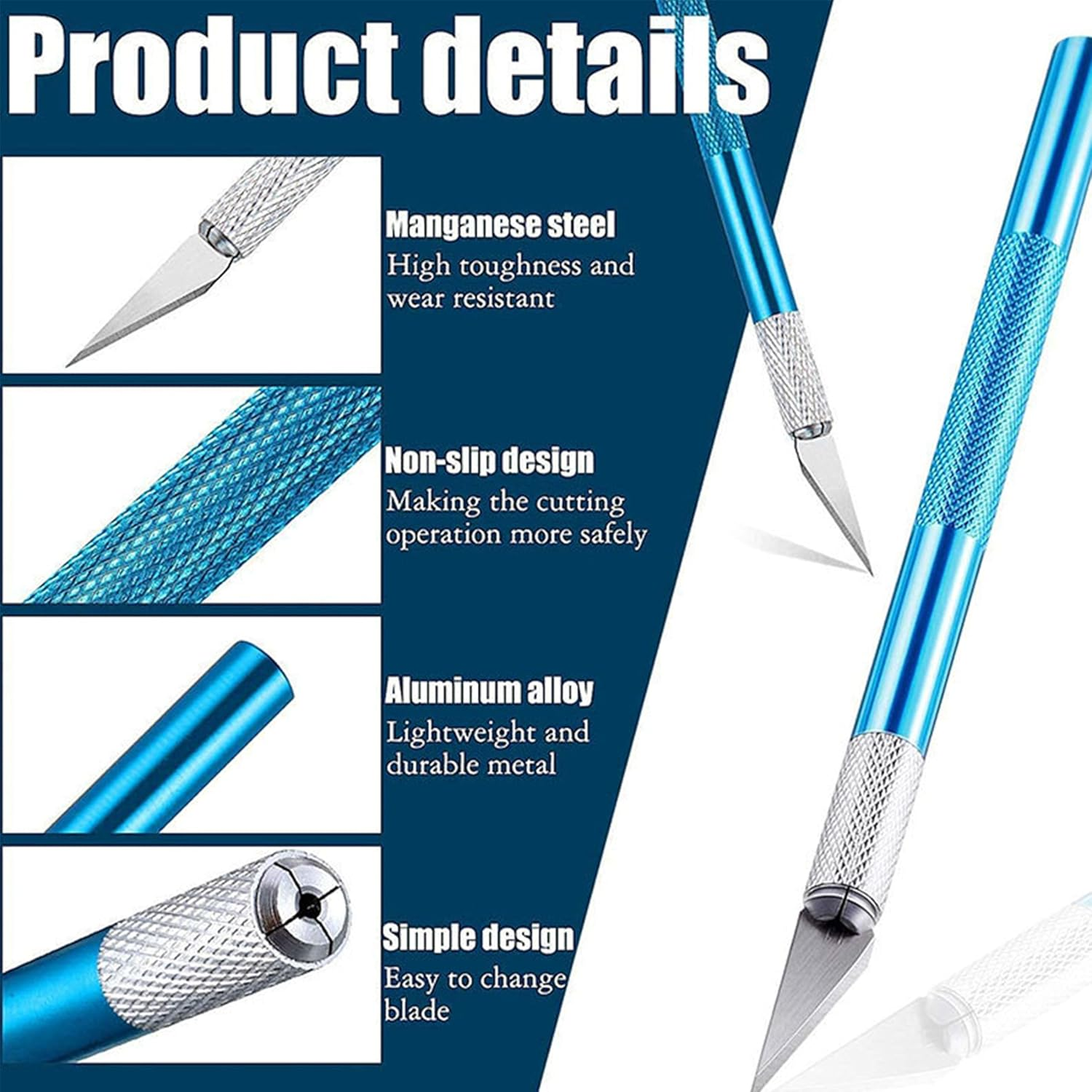 4 Pcs Precision Carving Craft Knife Hobby Knife,With 20Pcs Manganese Steel Blade Kit with 6In Steel Ruler,Ergonomic Aluminium Handle for Diy,Art,Cutting,Carving image number 5