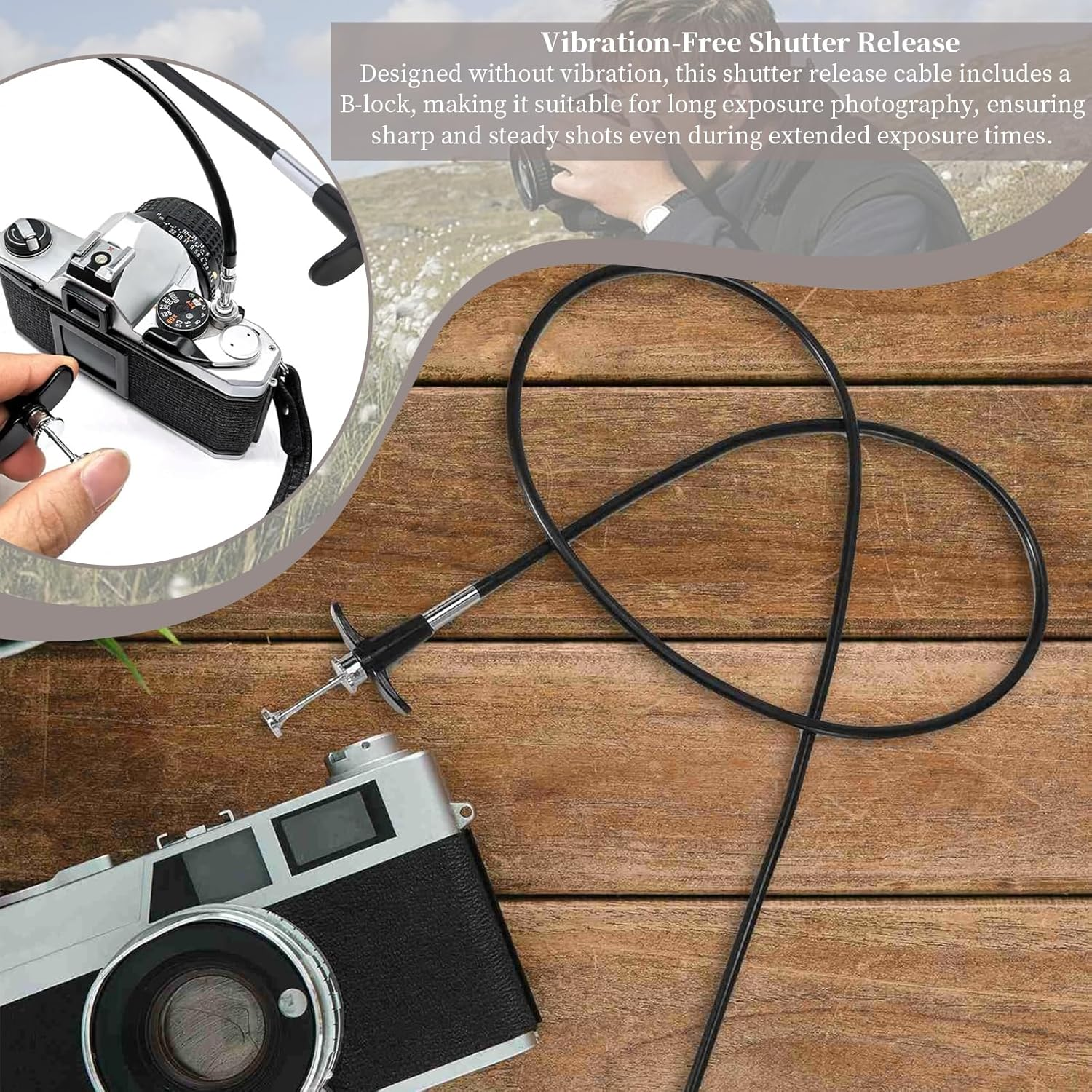 Mechanical Shutter Release Cable Cord with Bulb-Lock for Long Exposures, Vibration-Free Shutter Release Cable Compatible with Fujifilm Fuji X100VI Sony RX1R II RX10 Lecia M10 Nikon Df (100CM)