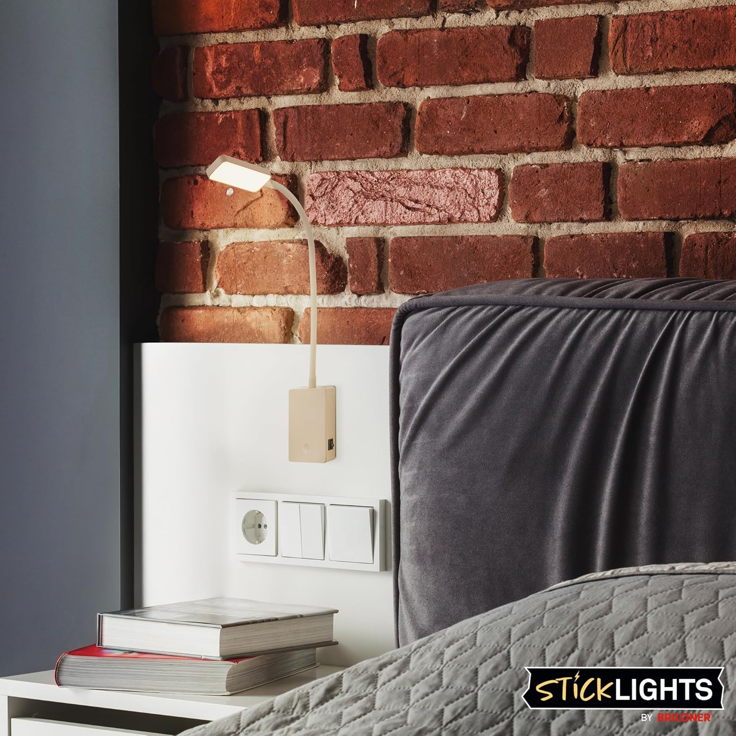 BRILONER - LED Reading Lamp without Power Connection and No Drilling with Battery, Touch, Dimmable, Warm White Light, Wall Light, Wall Lamp for Gluing, Bed Lamp, Reading Light, Bedside Lamp, 7.5 X 3 X image number 1