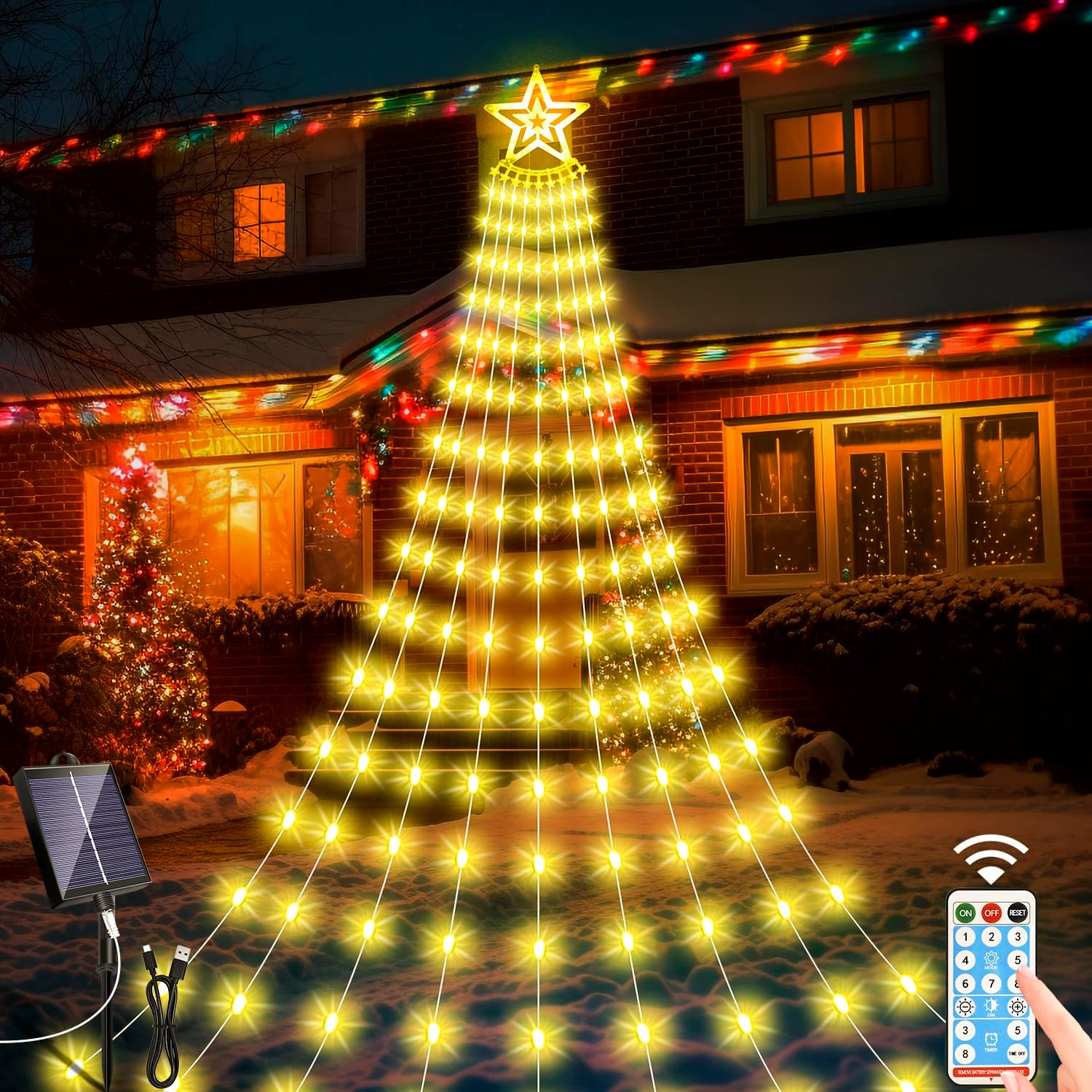 HELESIN Solar Outdoor Christmas Lights, 3.5M 350Leds Christmas Decoration Waterfall String Lights Outdoor, 8 Modes Waterproof Tree Toppers Fairy Light with Timer for Xmas New Year(Multicolor)