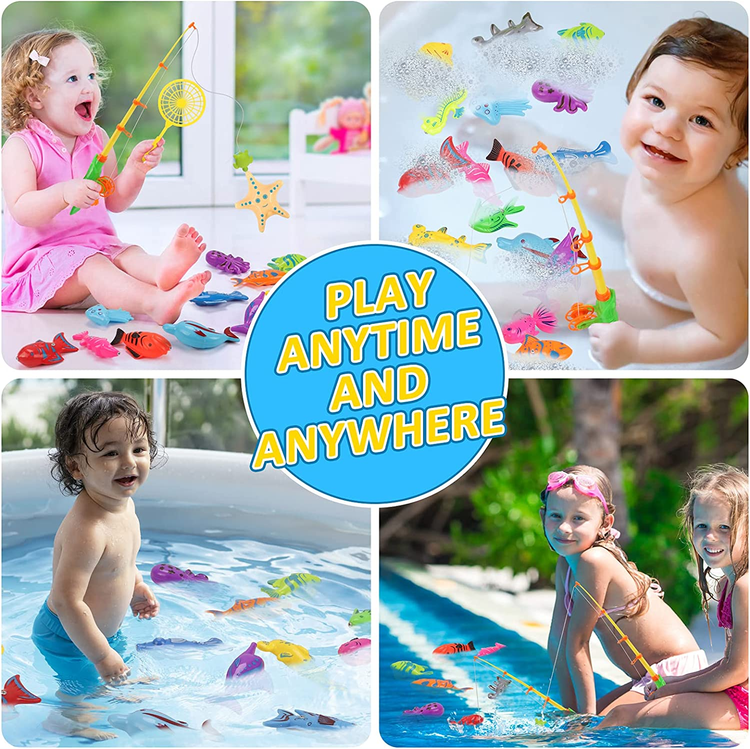 REMOKING Kid Toys 52PCS Fishing Game,Magnetic Toys with Ocean Sea Animal,Fishing Poles,Nets,Inflatable Pool,Toddlers Bathtub Outdoor Carnival Party Set,Gifts for Kids 3-6 Years Old(With Basket) image number 1