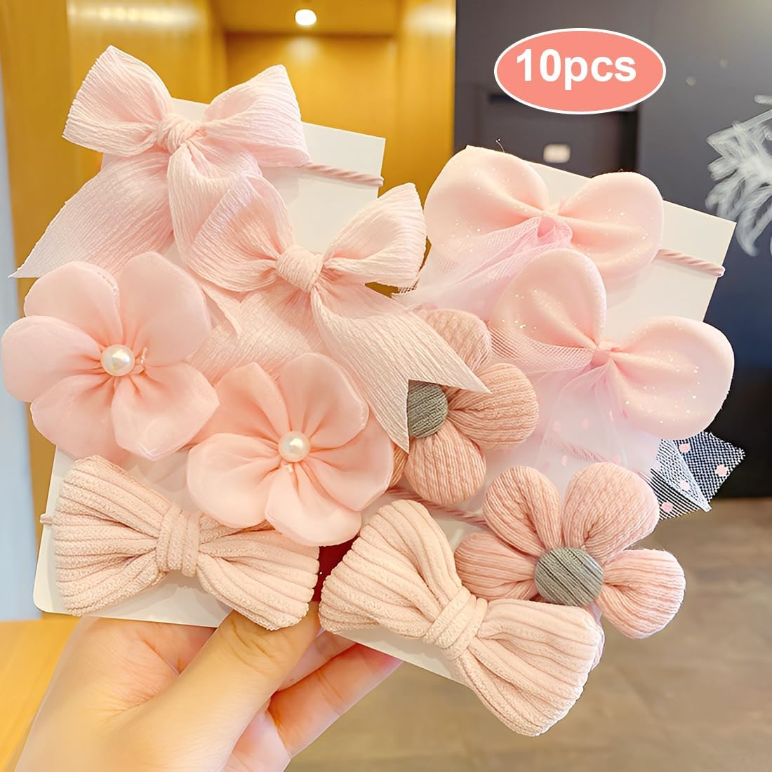 ZORVYN Pack of 10 Cute Hair Bobbles with Bow, Elastic Hair Bands, Cute Flower Hair Scrunchies for Baby Girls, Girls, Toddler Accessories (Pink) image number 5