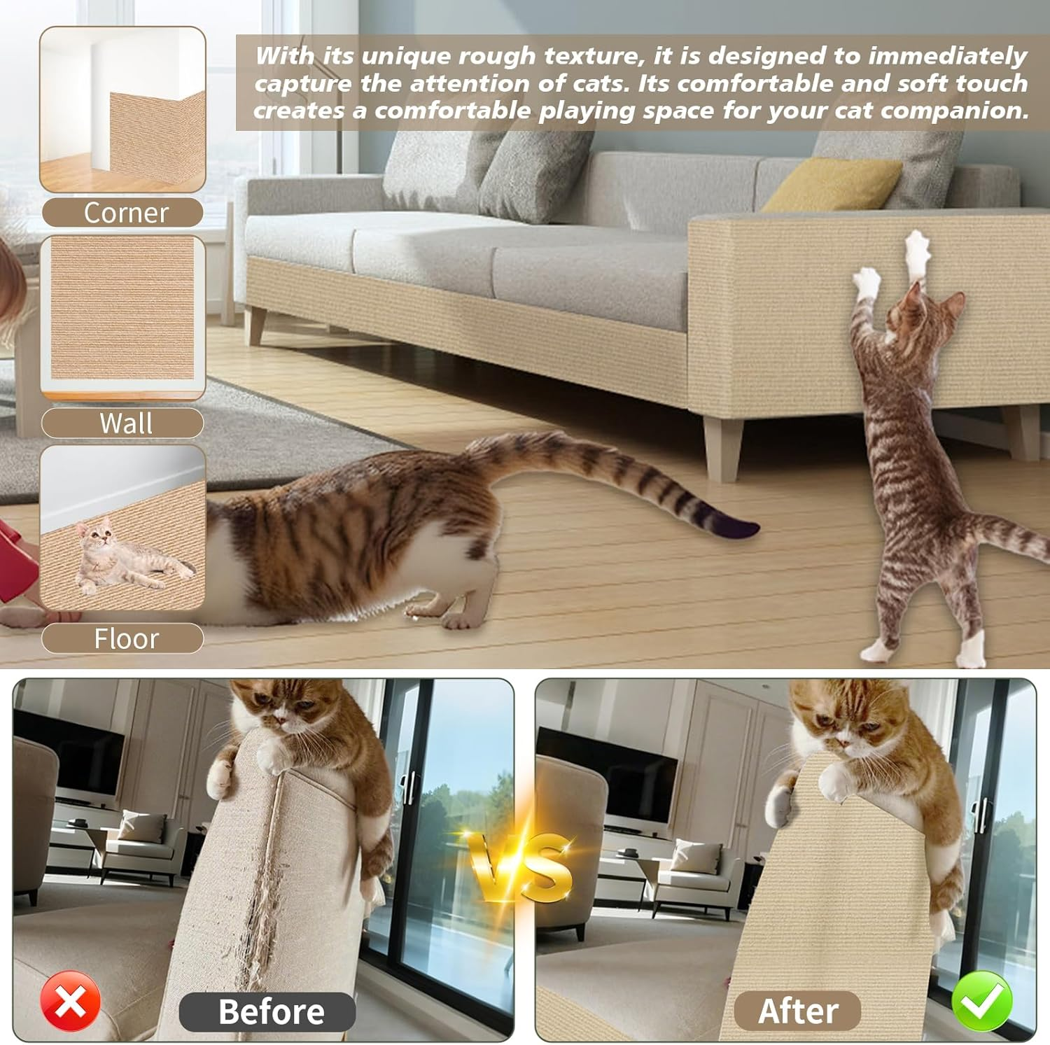 40&times;200Cm Cat Scratch Furniture Protector, Large Cat Scratching Mat, Couch Carpets Protector, Self Adhesive Trimmable DIY Cat Scratch Pad, Durable Cat Tree Replacement Scratching Boards (Dark Grey) - Khaki image number 5