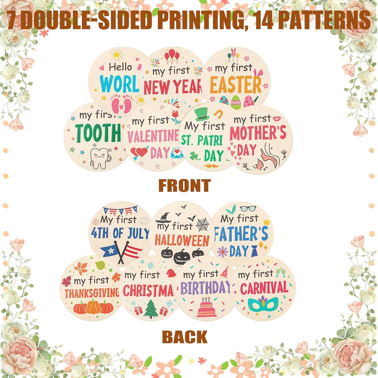 7Pcs My First Holiday Baby Milestones Cards, My 1St Signs of 14 Holidays Wooden Circles New Baby Sign Double Sided Baby Announcement Sign Photo Props for Baby Shower Party Supplies Gift