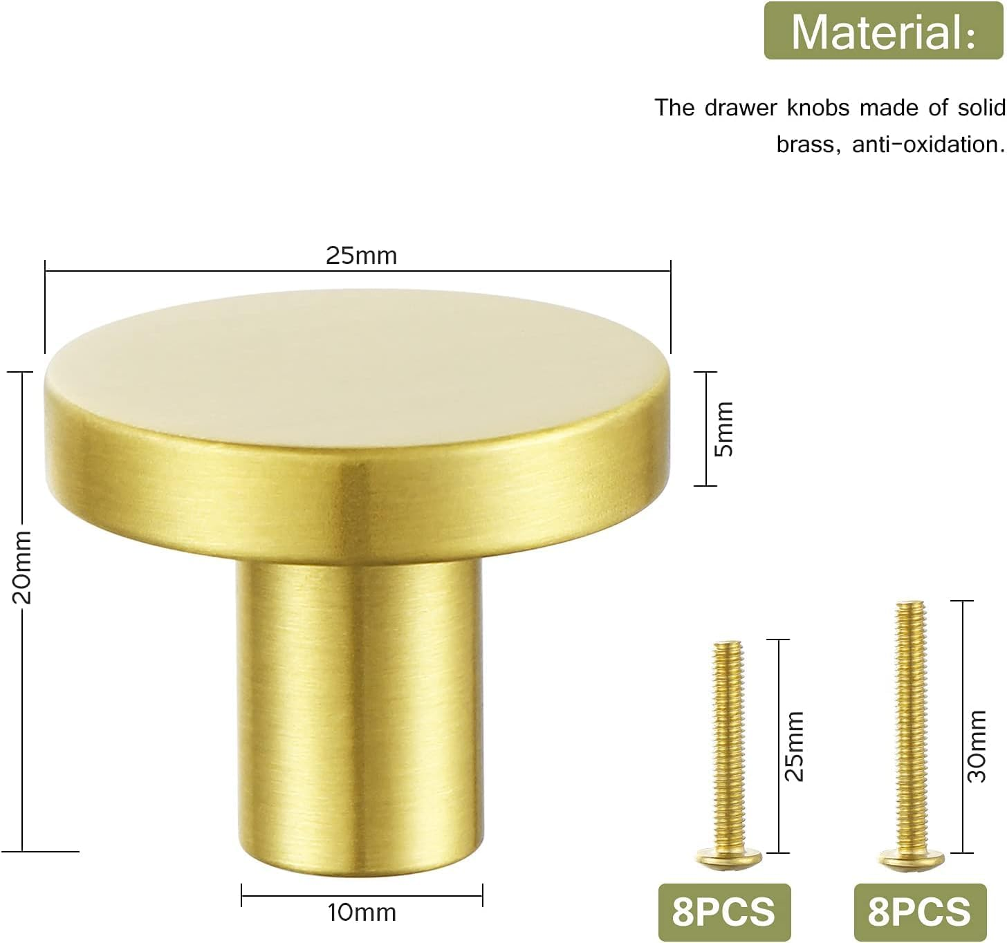 8PCS Brass Gold Cabinet Knobs, 25Mm Small round Dresser Knobs, Solid Modern Single Hole Drawer Knobs, Metal Cupboard with Screws Decorative Kitchen Hardware (8, 25Mm/1Inch) image number 3