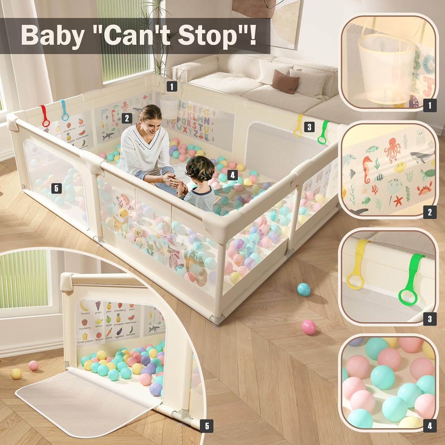 200X150Cm Playpen Baby, Extra Large Play Pen for Toddlers with Pattern Anti-Slip Sturdy Baby Play Yards Fence with 50 Balls, 4 Pull Rings, Balls Storage, Ball Storage & Zipper Door (Beige)