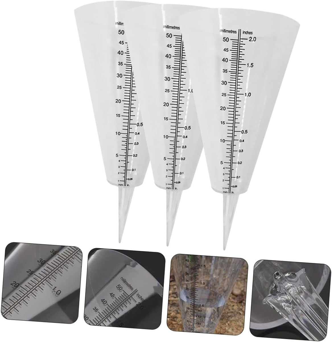 3Pcs Cone-Shaped Clear Rain Gauge with Large Scale Measurement for Outdoor Garden Lawn Farming Transparent Plastic Rainfall for Accurate Rainwater Monitoring image number 2