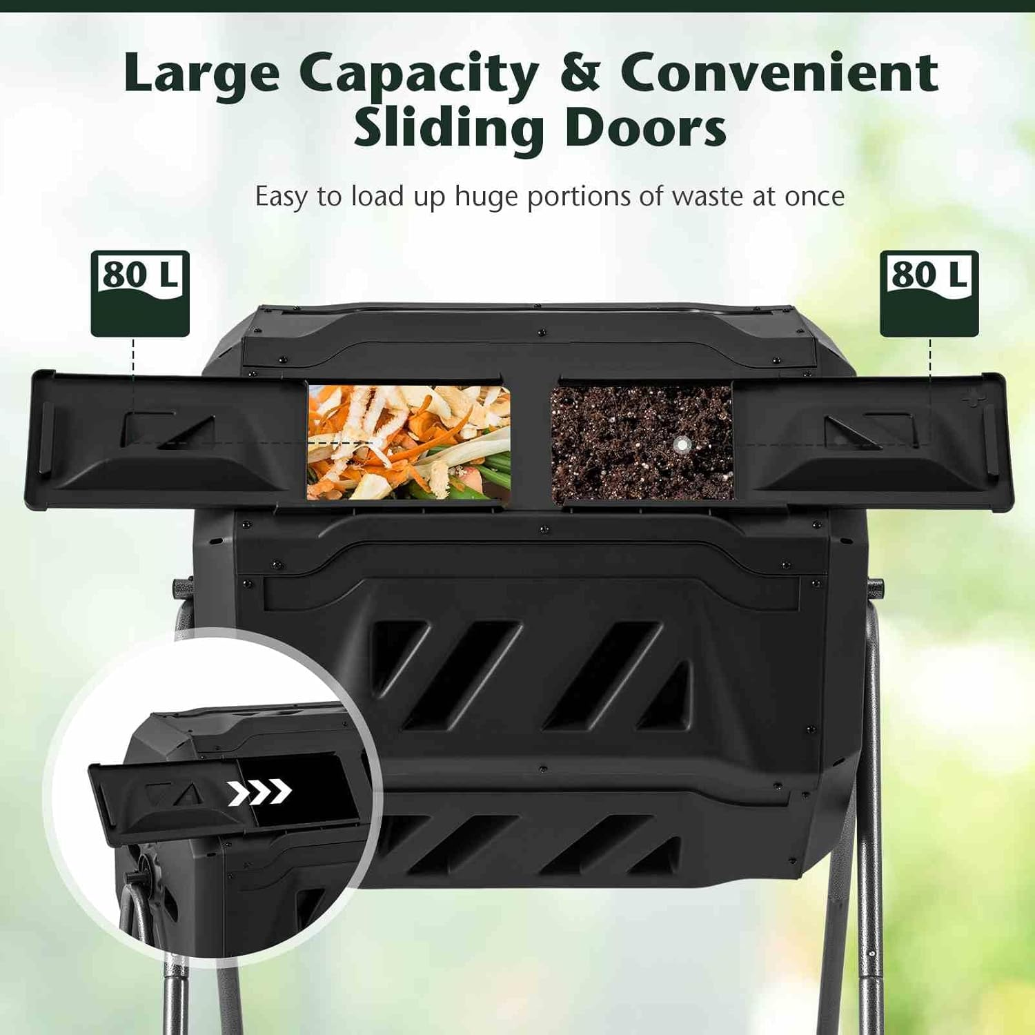 Costway Outdoor Tumbling Composter, 160 L Portable Garden Compost Bin W/Dual Chamber, 2 Sliding Doors & Solid Steel Frame for Gardens &Courtyards, Phillips Screwdriver & Garden Gloves Included image number 6