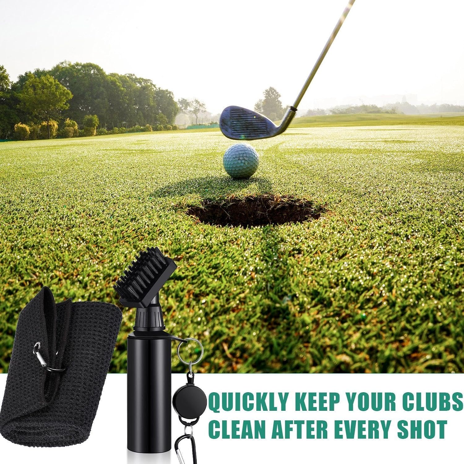 Wettarn 2 Pcs Golf Clubs Cleaner Brush with Microfiber Waffle Pattern Tri Fold Golf Towel, 4 Ounces of Squeeze Water Bottle and Nylon Retractable Aluminum Buckle (Black Towel + Black Brush) image number 6