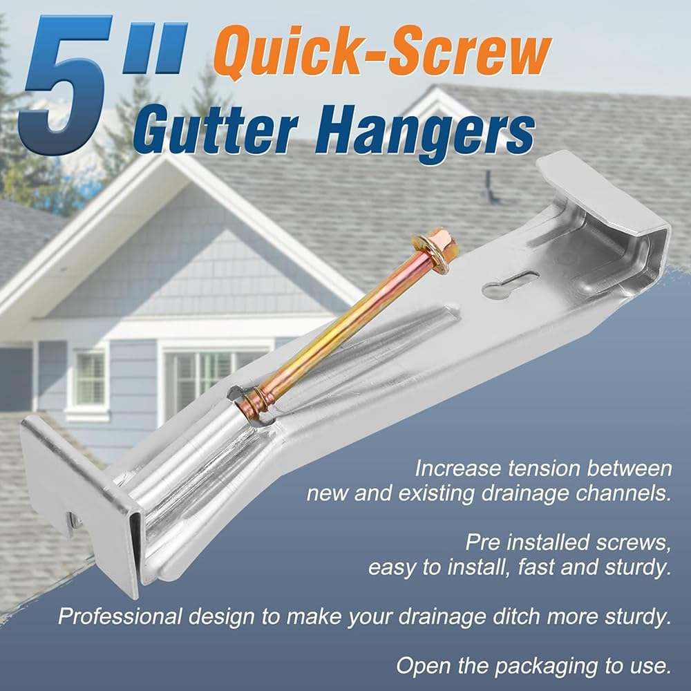 10 Pack Heavy Duty 5" Hidden Gutter Hangers - Quick Screw K-Style Aluminum Gutter Brackets with Pre-Inserted Rust-Resistant Screw, Hex Drill Bit - Secure Outdoor Rain Gutter Clips for Home Improvement