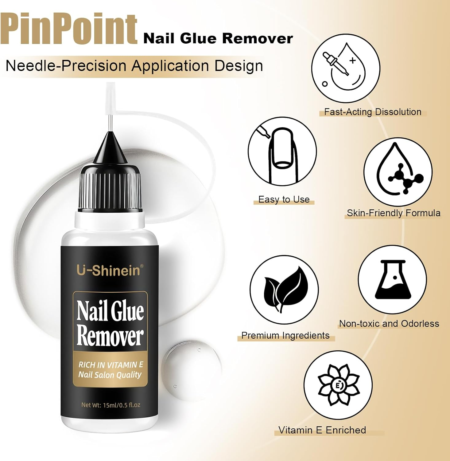 U-Shinein Pinpoint Nail Glue Remover for Press On, Odorless & Non-Acetone Nail Polish Remover,Gentle and Quick Multi-Functional Gel Polish Remover with High Vitamin E for Press on Nails