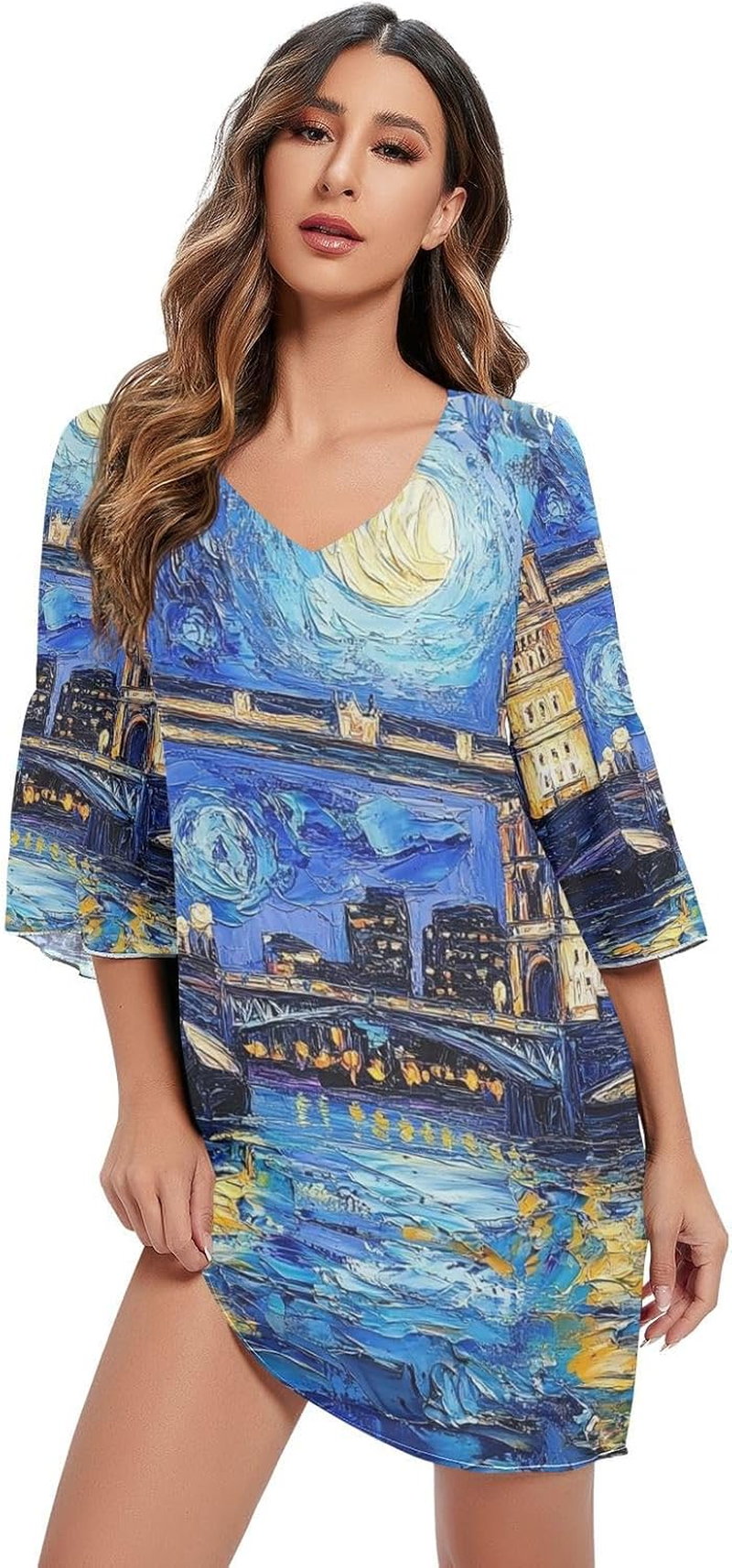 Oil Painting of Tower Bridge Chiffon Dress Printed Chiffon Line Maternity Dress image number 4