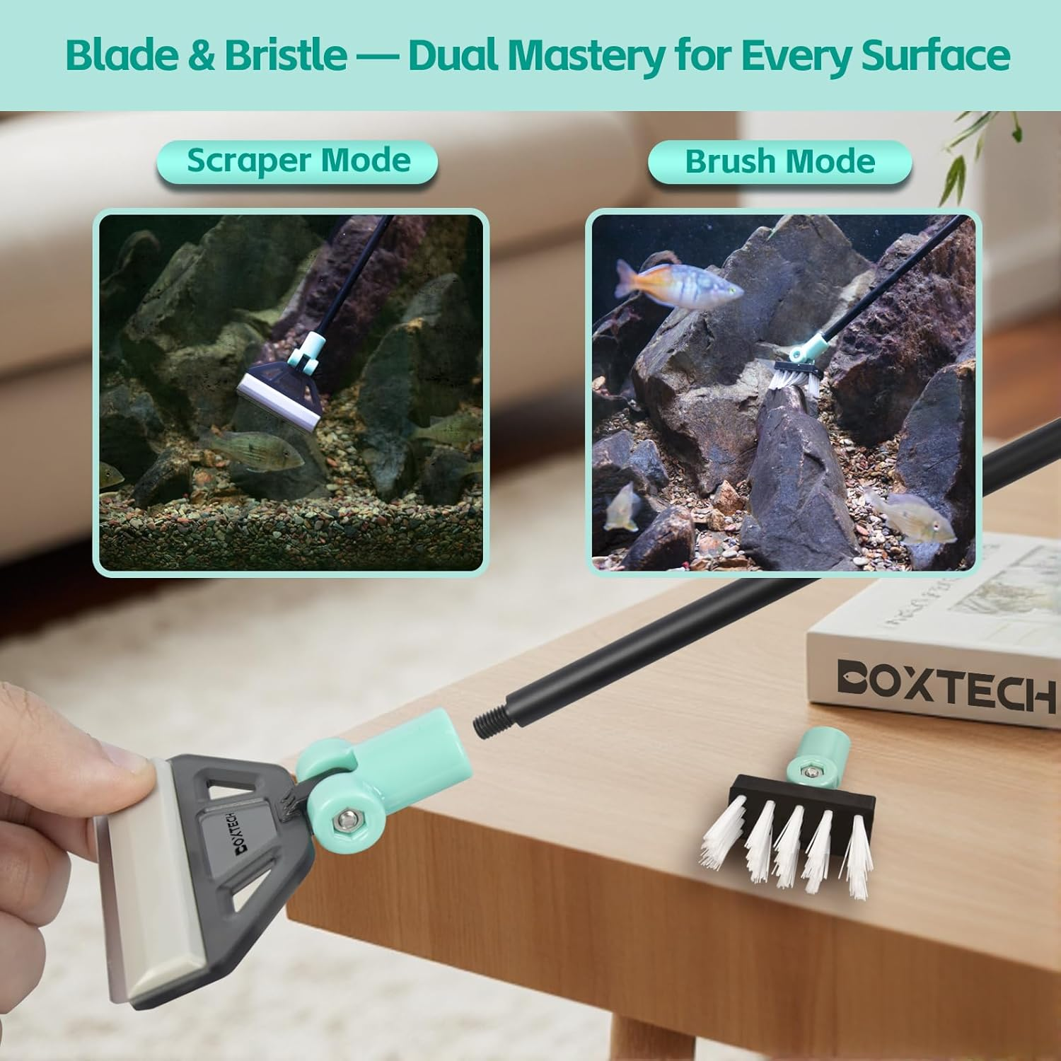 Boxtech Fish Tank Cleaner Kit, 2 in 1 Aquarium Algae Scraper with 5 Stainless Steel Blades, Adjustable Brush Head Angle and Handle Length Aquarium Cleaning Tool Set