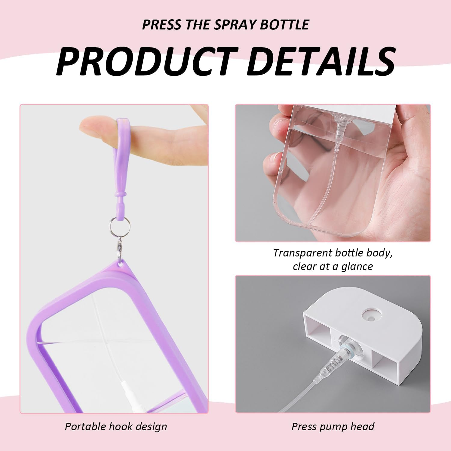 2 Square Press Spray Bottles, 2 Anti-Lost Double Hook Lanyards, Portable Silicone Spray Bottles, Travel Fragrance Underfilling, Reusable Cosmetic Spray Bottles image number 4