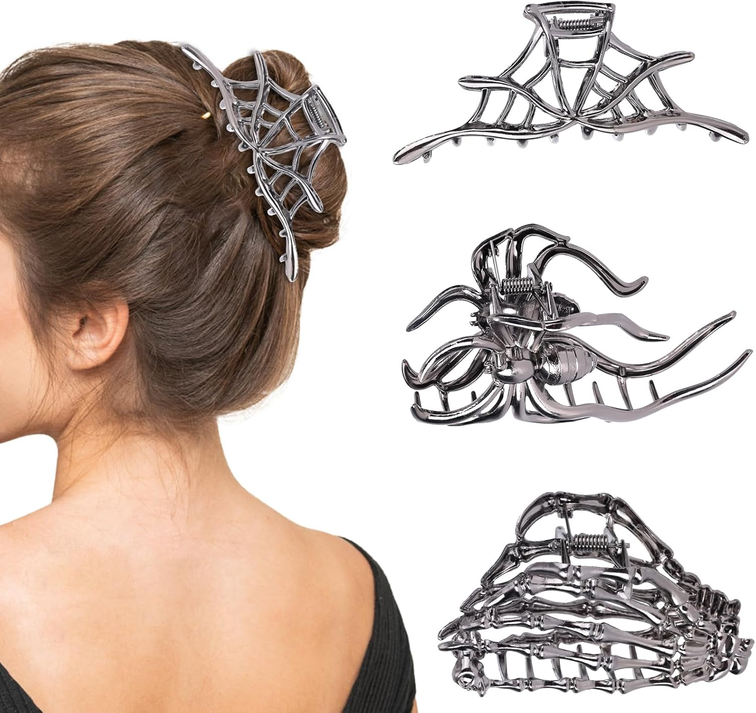 3 Pcs Halloween Hair Claw Clips for Women & Girls, Gothic Metal Hair Accessories with Hollow Design Spider Web Skeleton Hand Spider Claw Clips for Halloween Party Cosplay