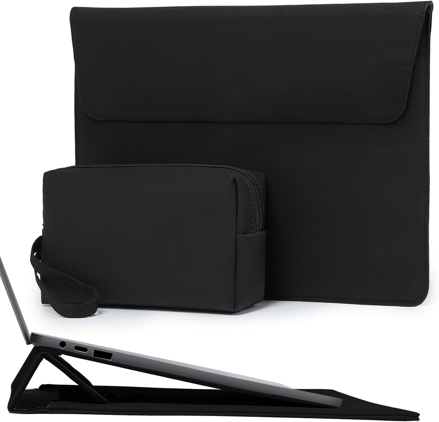 HYZUO 15 Inch Laptop Sleeve with Adjustable Stand Feature for Macbook Air 15 M4 A3241 M3 A3114 M2 A2941 2025-2023, Macbook Pro 15, 15" Surface Laptop 7/6/5/4, with Carrying Pouch, Black