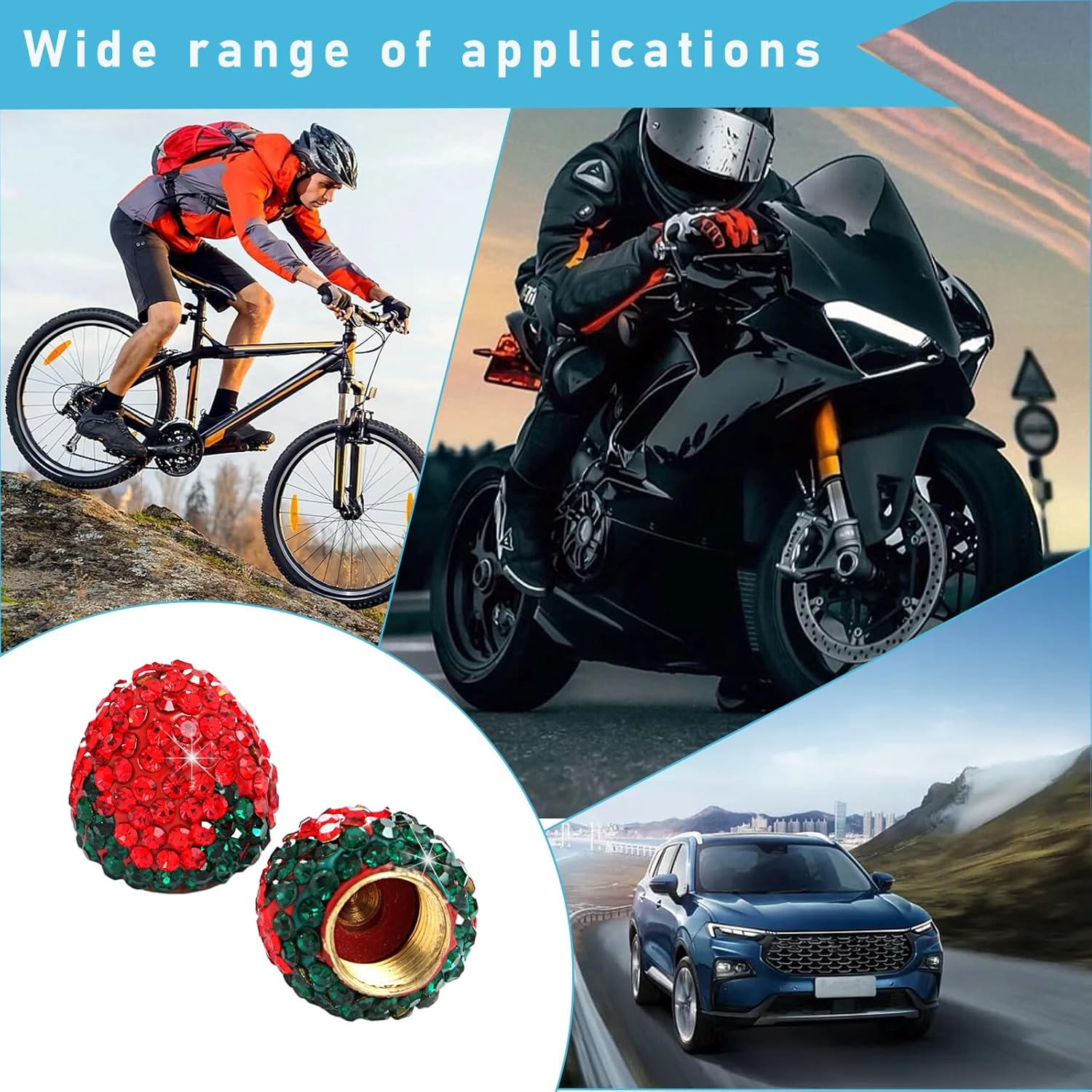 Ziciner 4PCS Strawberry Car Tire Valve Stem Caps, Bling Crystal Rhinestone Tire Valve Stem Covers, Dustproof Wheel Valve Covers for Women, Universal Car Accessories for Most Vehicles (Red) - Red image number 4