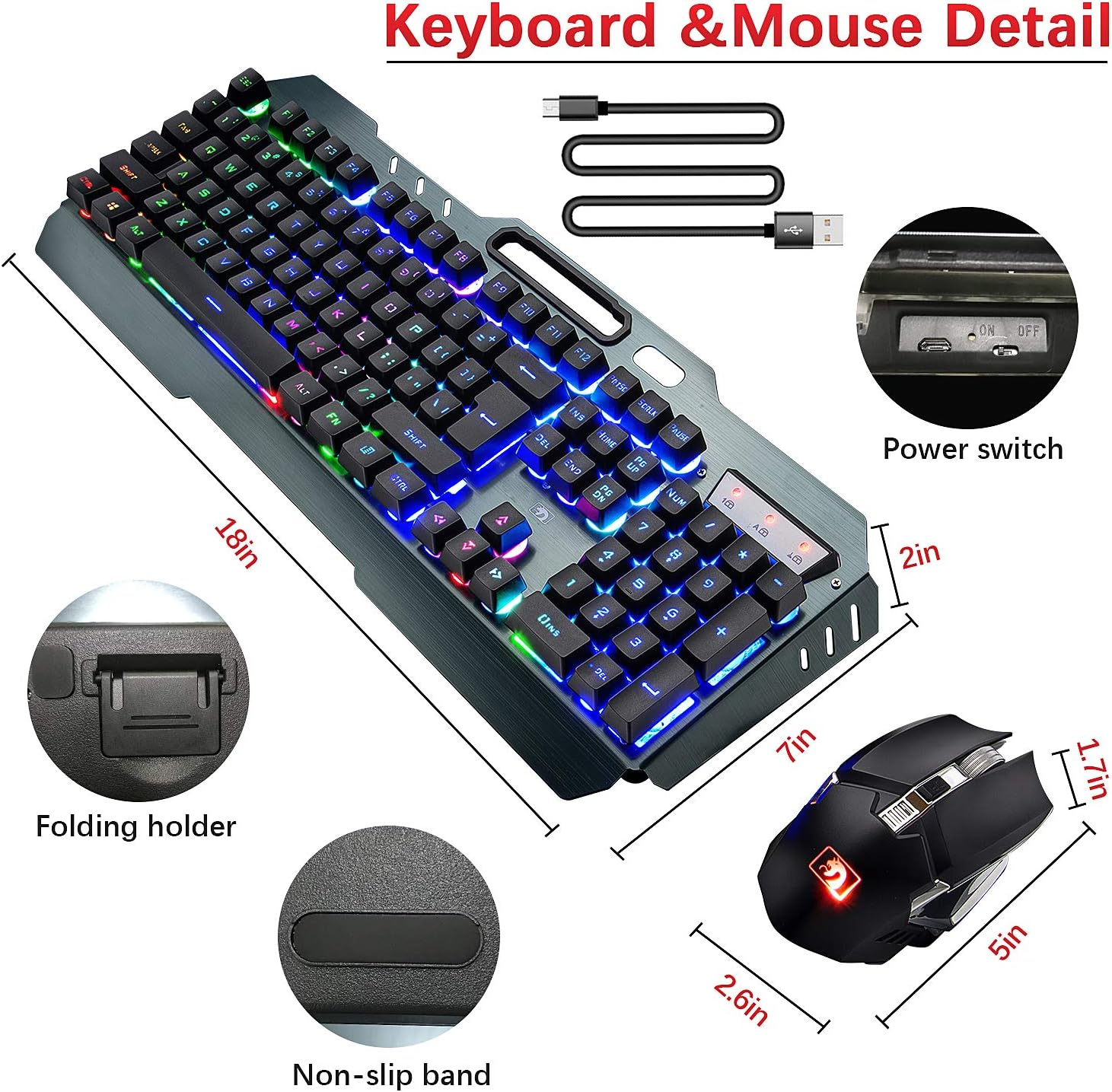 Rechargeable Keyboard and Mouse,Suspended Keycap Mechanical Feel Metal Panel Gaming Keyboard Mouse Combo,3800Mah Large Capacity Lithium Battery,Anti-Ghosting (Rainbow) image number 2