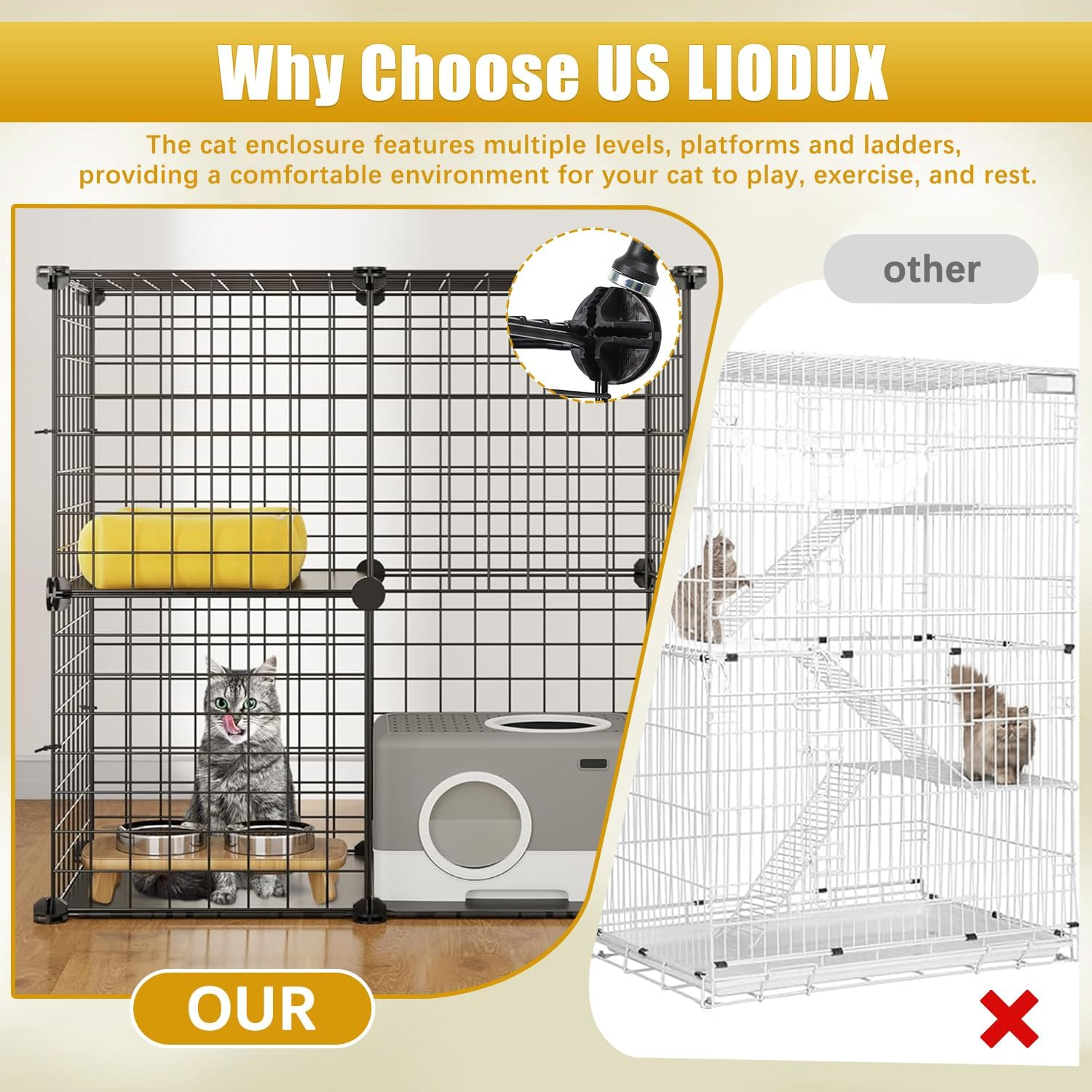 LIODUX DIY Cat Enclosure, Large Cat Cage, Indoor Cats Playpen Detachable Metal Wire Kennels, Pet Crate Large Exercise Place Ideal for 1-2 Cats, Small Animals (70 X 70 X 70CM)